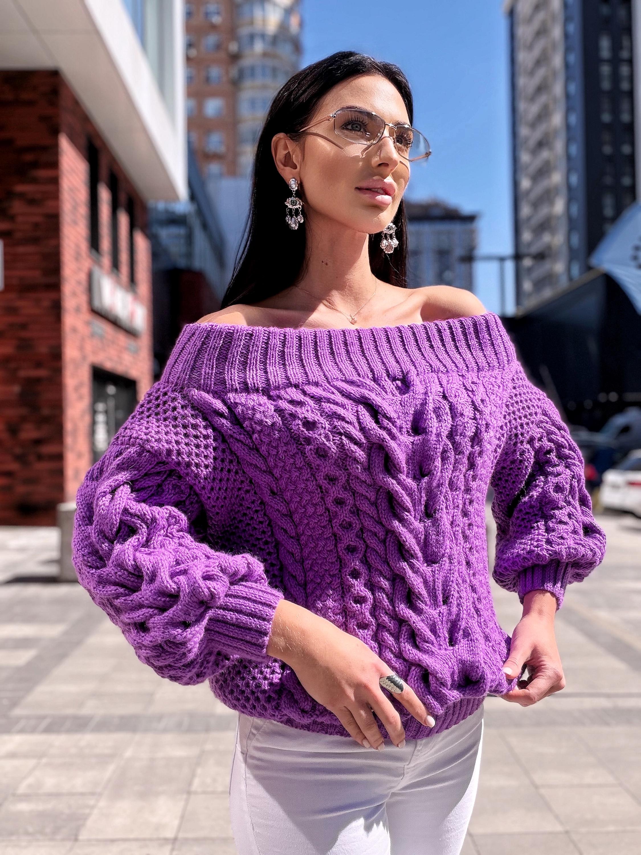 Hand knit violet wool cotton off shoulders sweater Lavender knitted pullover Purple Oversized sweater Cable knit Chunky Loose knit sweater