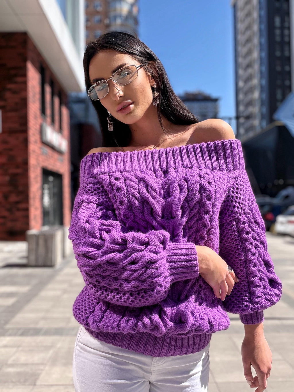 Hand knit violet wool cotton off shoulders sweater Lavender knitted pullover Purple Oversized sweater Cable knit Chunky Loose knit sweater