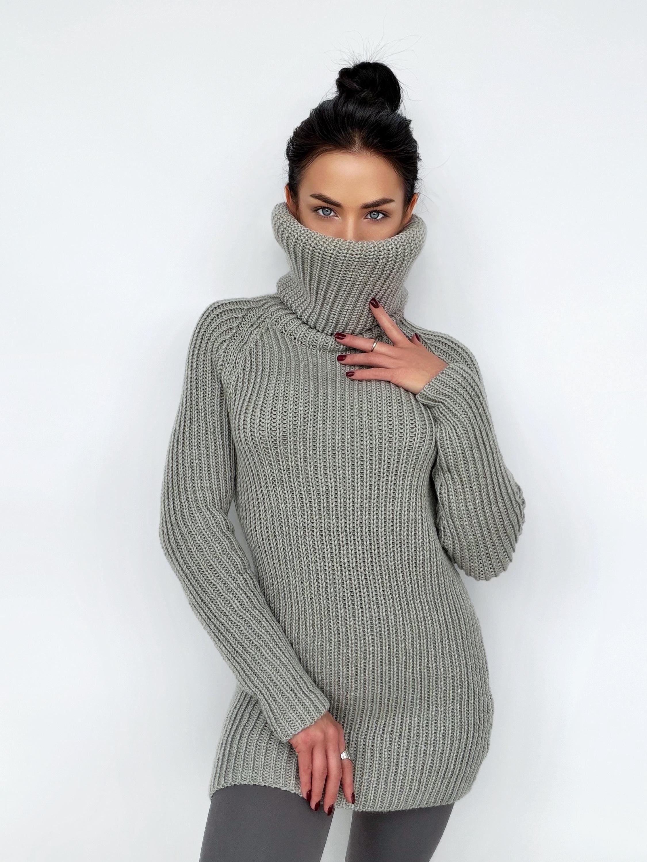 Large handmade merino wool grey Sweater turtleneck Big high collar long sleeves sweater dress Chunky knit wool pullover Womens
