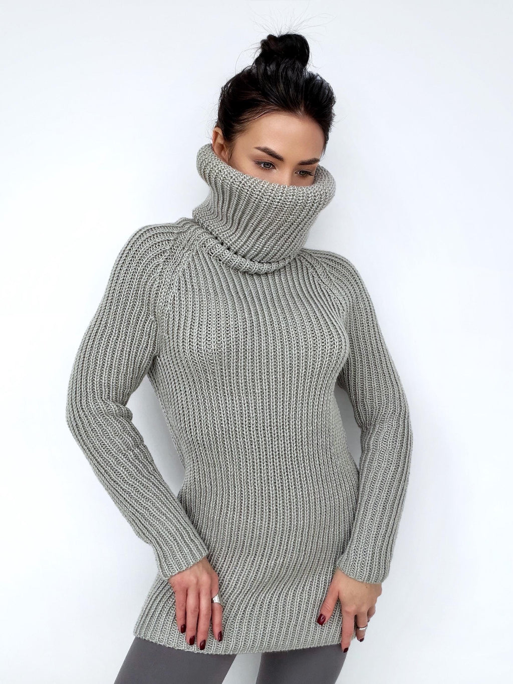 Large handmade merino wool grey Sweater turtleneck Big high collar long sleeves sweater dress Chunky knit wool pullover Womens