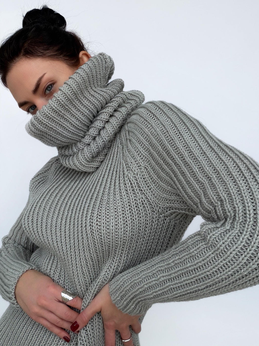Large handmade merino wool grey Sweater turtleneck Big high collar long sleeves sweater dress Chunky knit wool pullover Womens