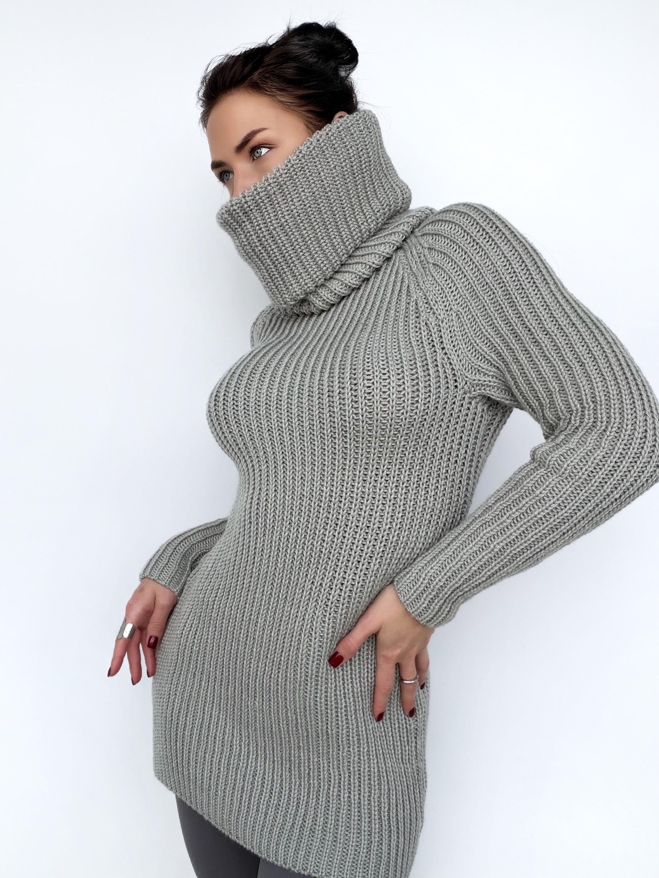 Large handmade merino wool grey Sweater turtleneck Big high collar long sleeves sweater dress Chunky knit wool pullover Womens