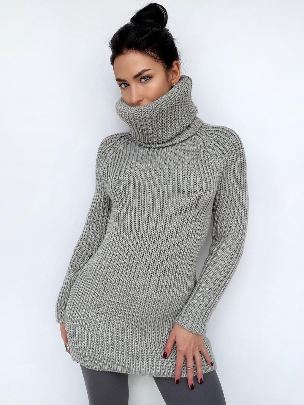 Large handmade merino wool grey Sweater turtleneck Big high collar long sleeves sweater dress Chunky knit wool pullover Womens