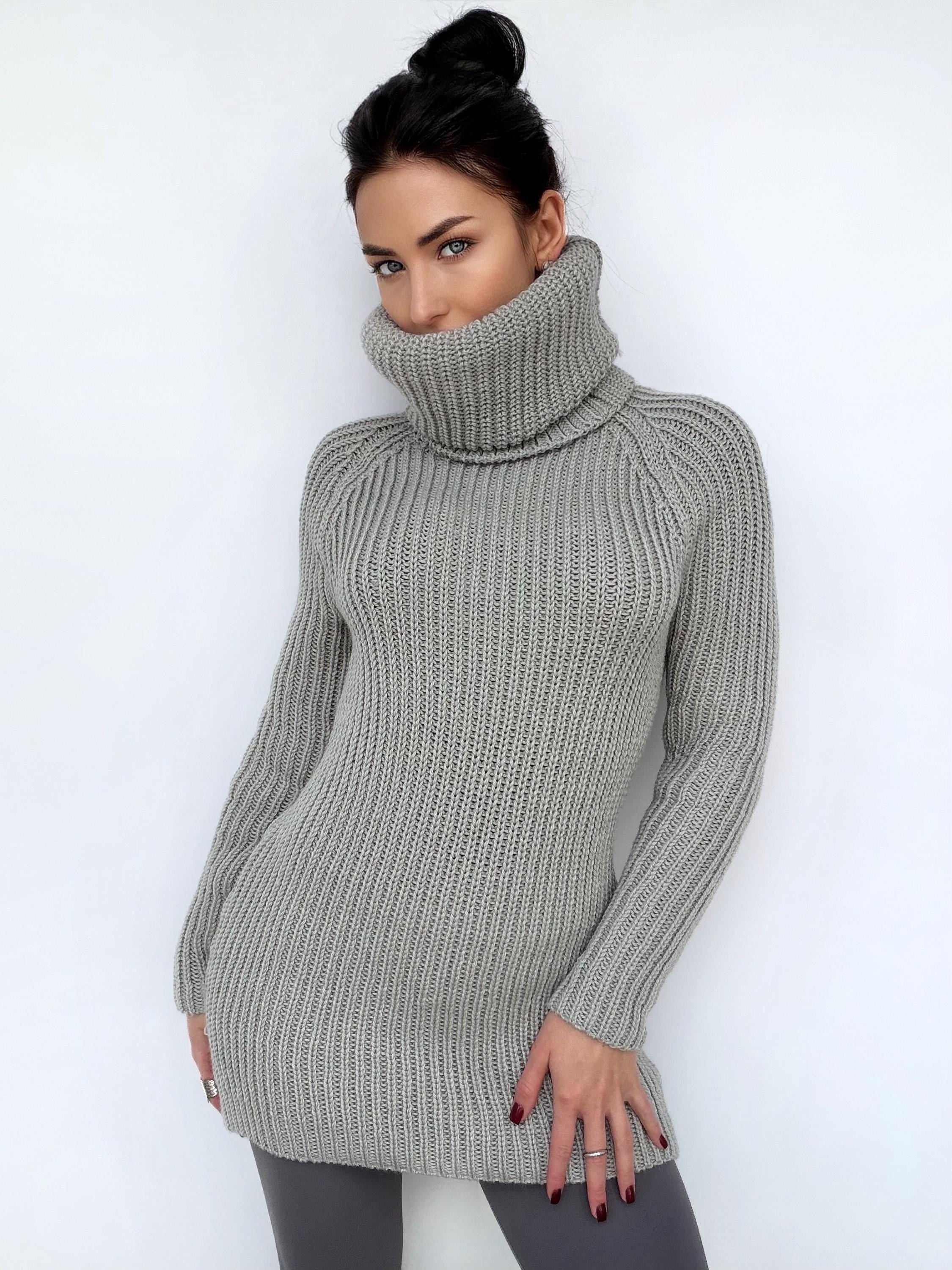 Large handmade merino wool grey Sweater turtleneck Big high collar long sleeves sweater dress Chunky knit wool pullover Womens