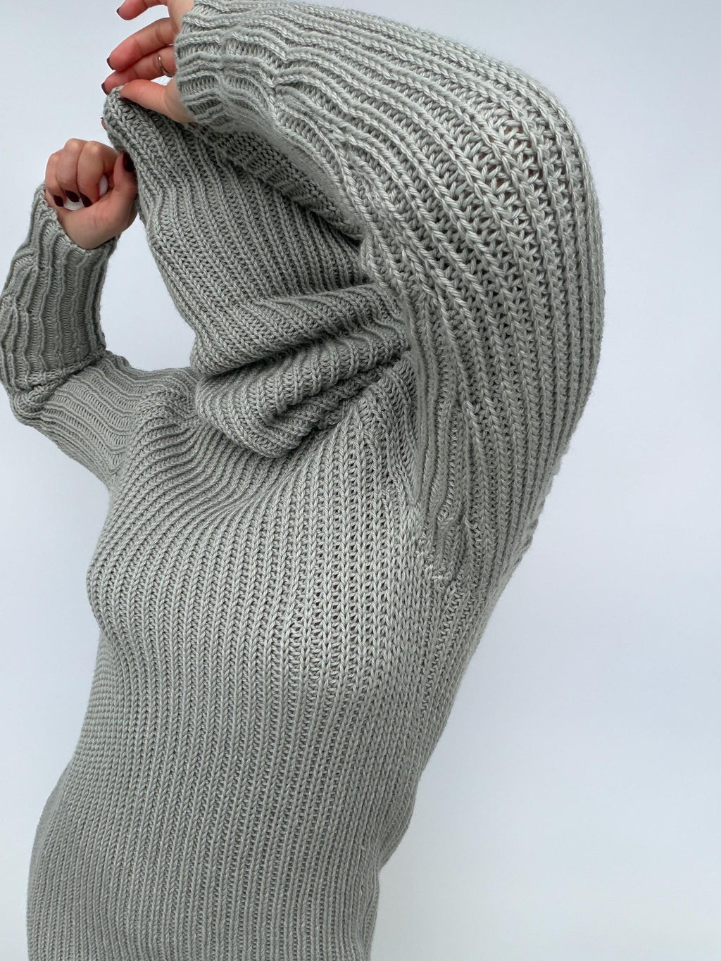 Large handmade merino wool grey Sweater turtleneck Big high collar long sleeves sweater dress Chunky knit wool pullover Womens