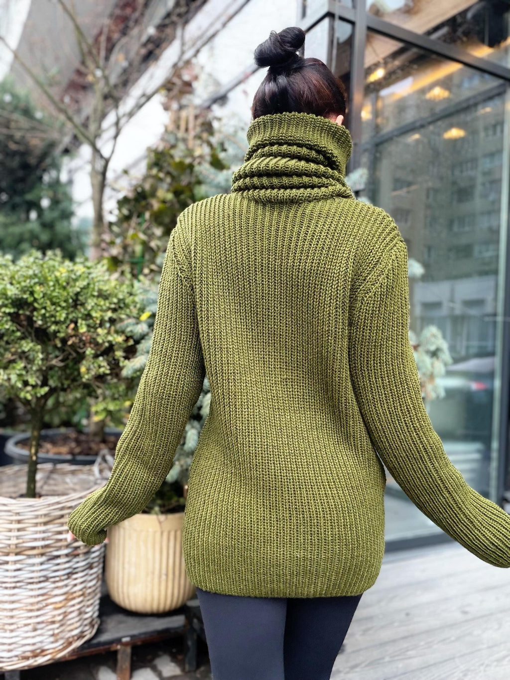 Hand knit khaki large merino wool Sweater turtleneck Big high collar long sleeves sweater dress Chunky knit wool big pullover unisex
