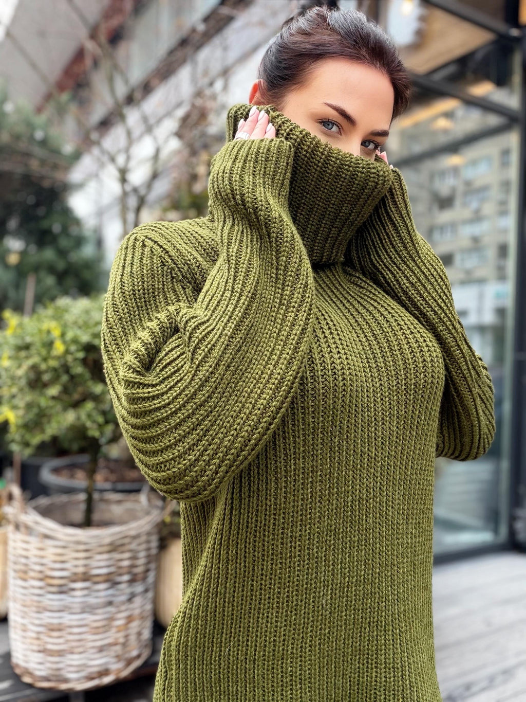 Hand knit khaki large merino wool Sweater turtleneck Big high collar long sleeves sweater dress Chunky knit wool big pullover unisex
