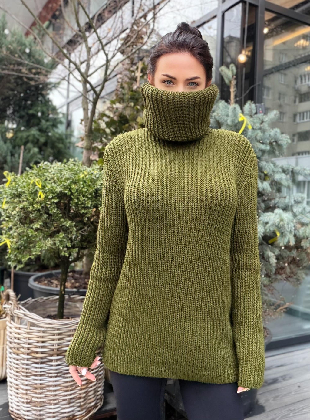 Hand knit khaki large merino wool Sweater turtleneck Big high collar long sleeves sweater dress Chunky knit wool big pullover unisex