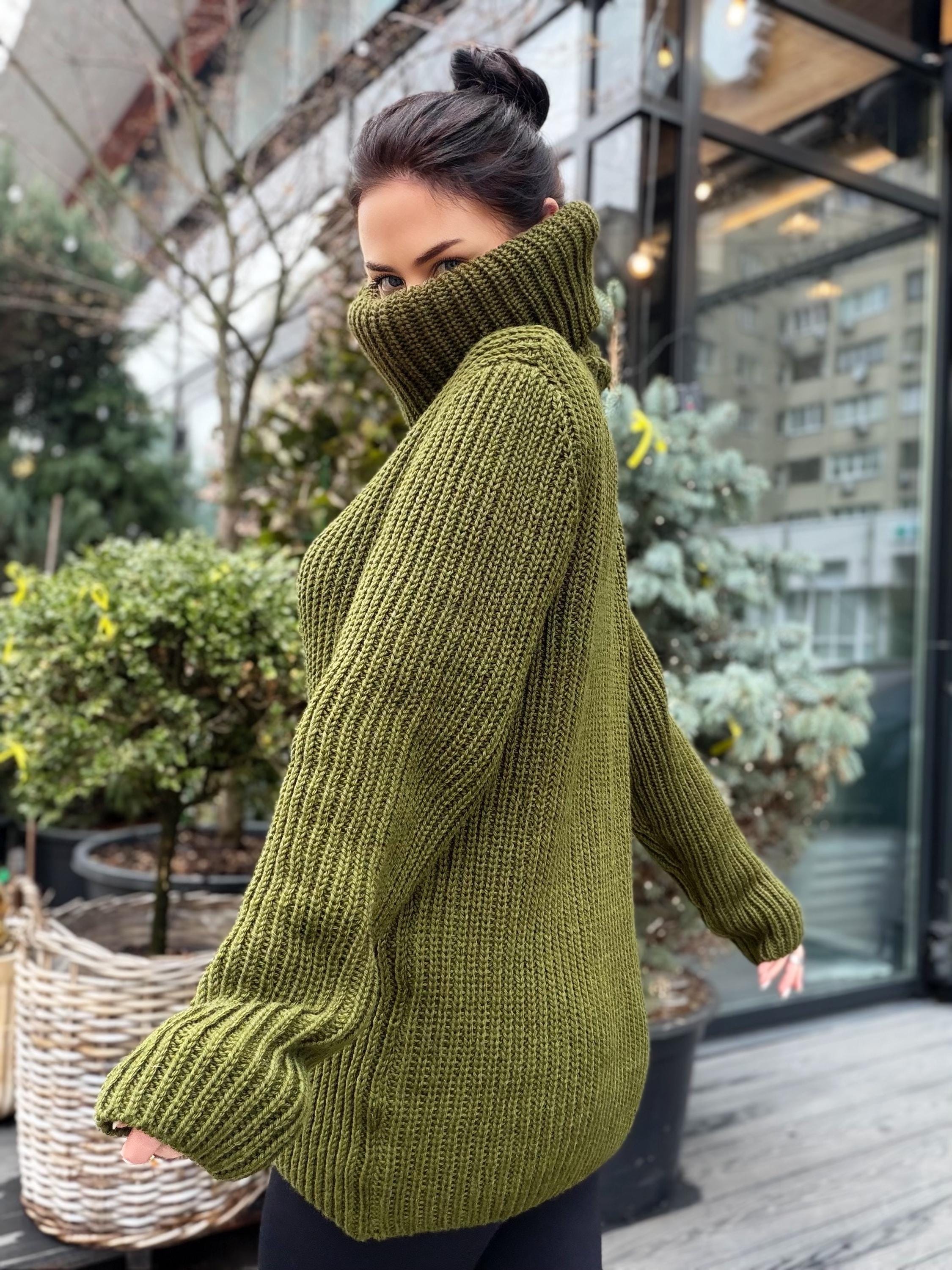 Hand knit khaki large merino wool Sweater turtleneck Big high collar long sleeves sweater dress Chunky knit wool big pullover unisex