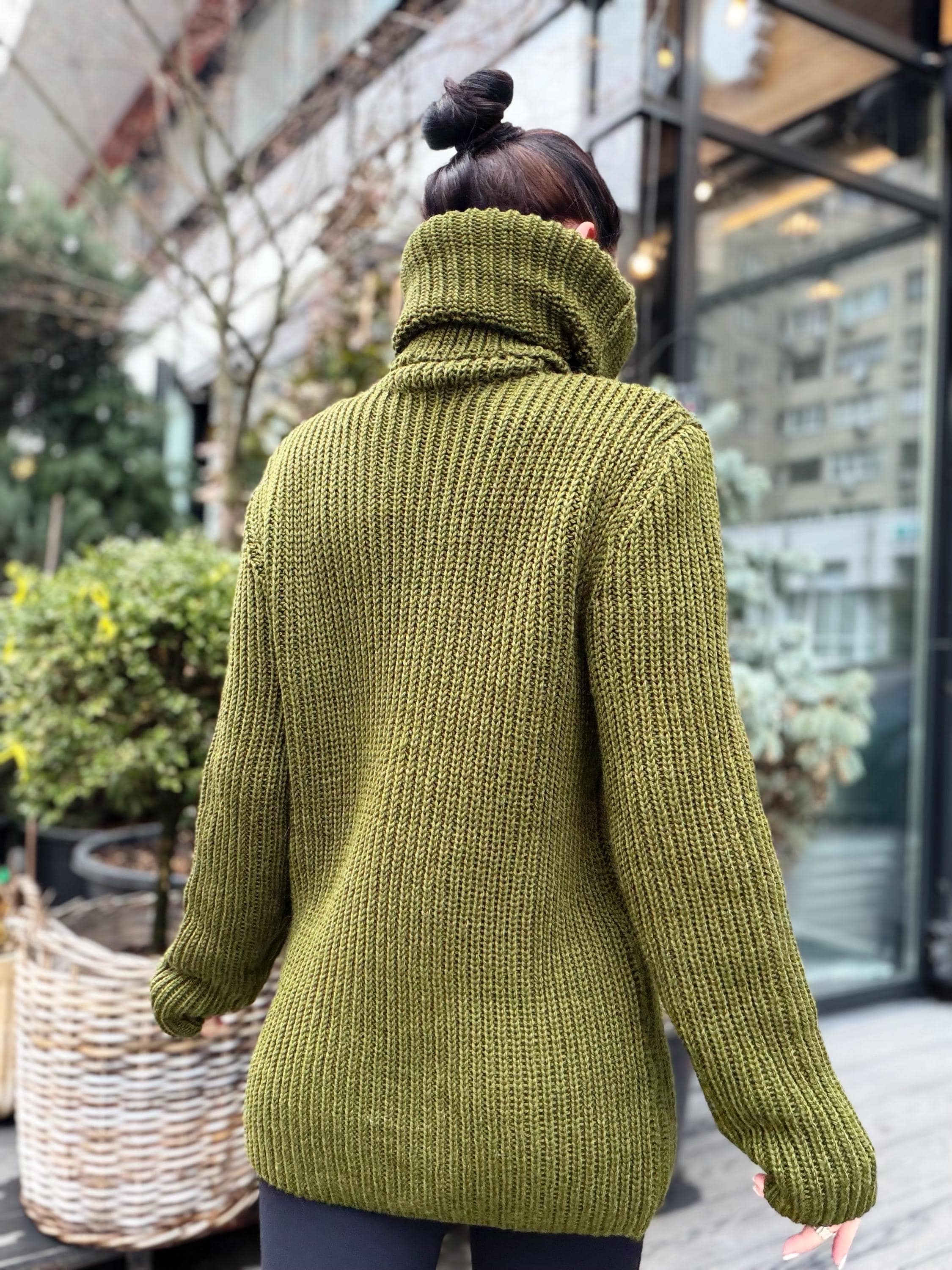 Hand knit khaki large merino wool Sweater turtleneck Big high collar long sleeves sweater dress Chunky knit wool big pullover unisex