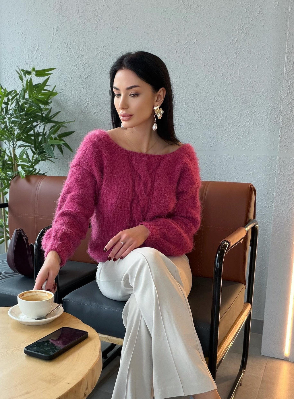 Fluffy fuchsia hand knit body friendly pink rouse open back sweater V - Deep neckline Knit emerald fluffy pullover Oversized V-neck