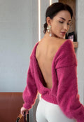 Fluffy fuchsia hand knit body friendly pink rouse open back sweater V - Deep neckline Knit emerald fluffy pullover Oversized V-neck