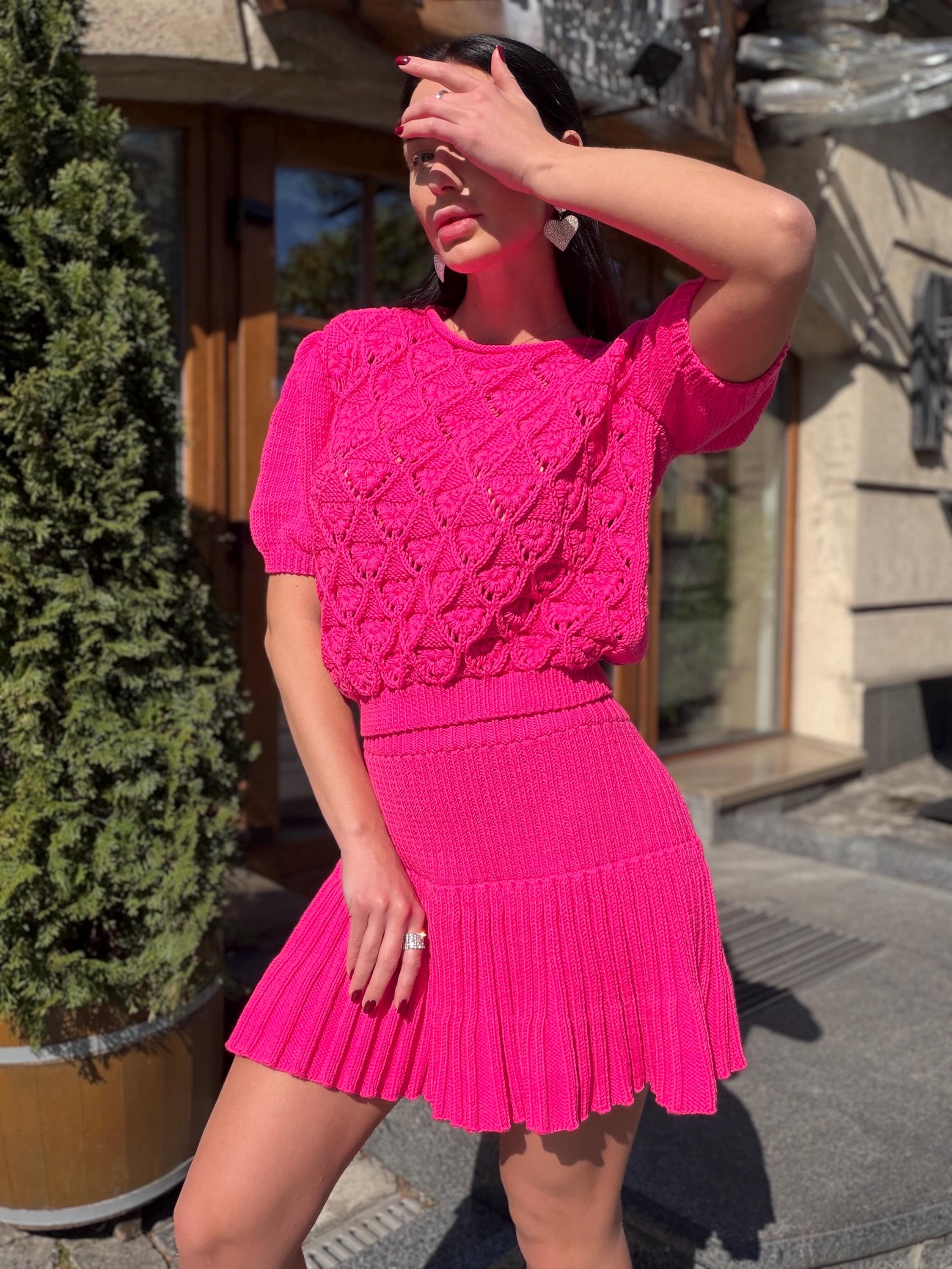 Hot Pink Knit Skirt Set, Cotton Two Piece Set, Handmade Knitted Matching Set, Women Co Ord Set, Mini Skirt Outfit Summer, Set Women