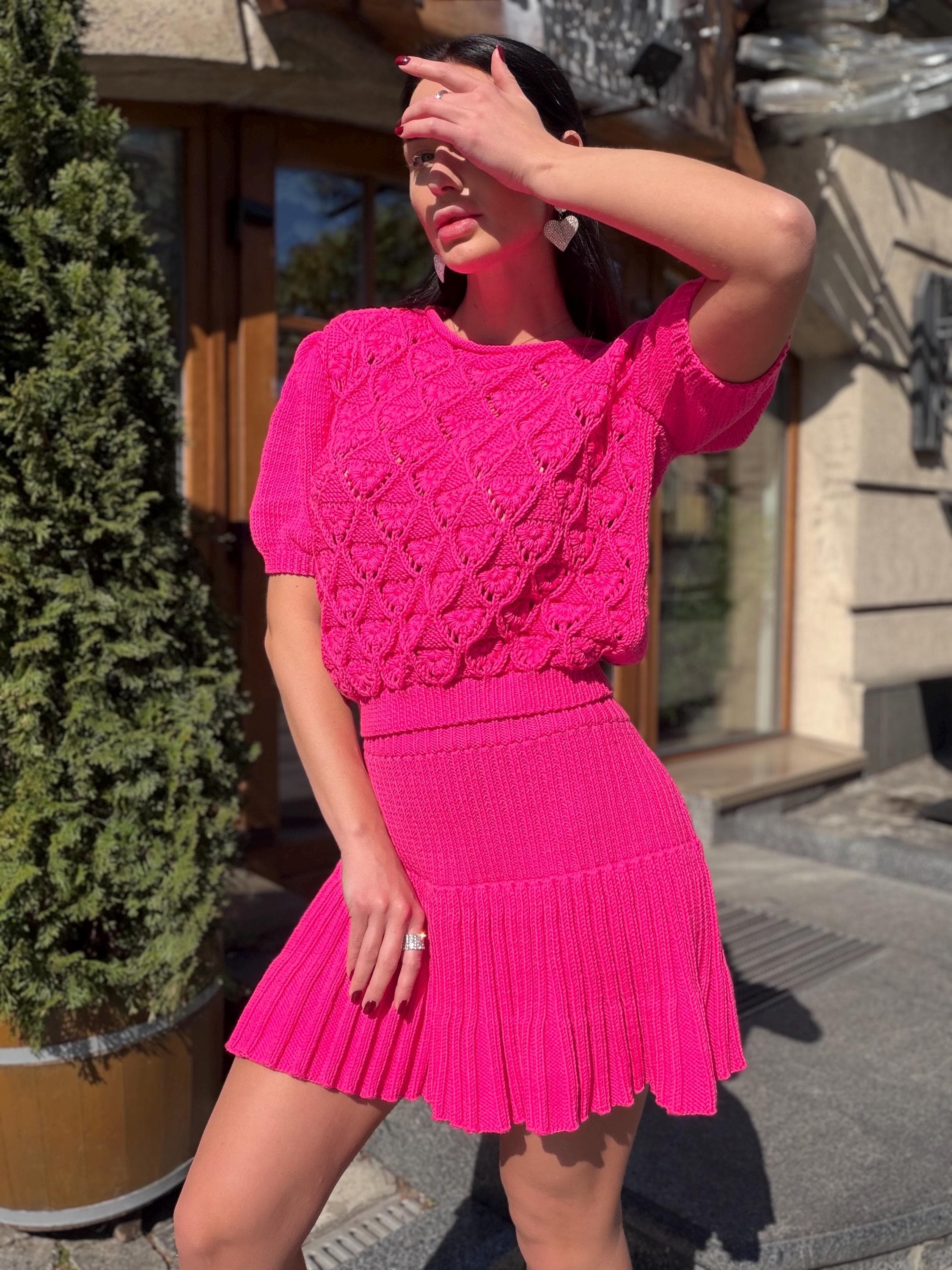 Hot Pink Knit Skirt Set, Cotton Two Piece Set, Handmade Knitted Matching Set, Women Co Ord Set, Mini Skirt Outfit Summer, Set Women