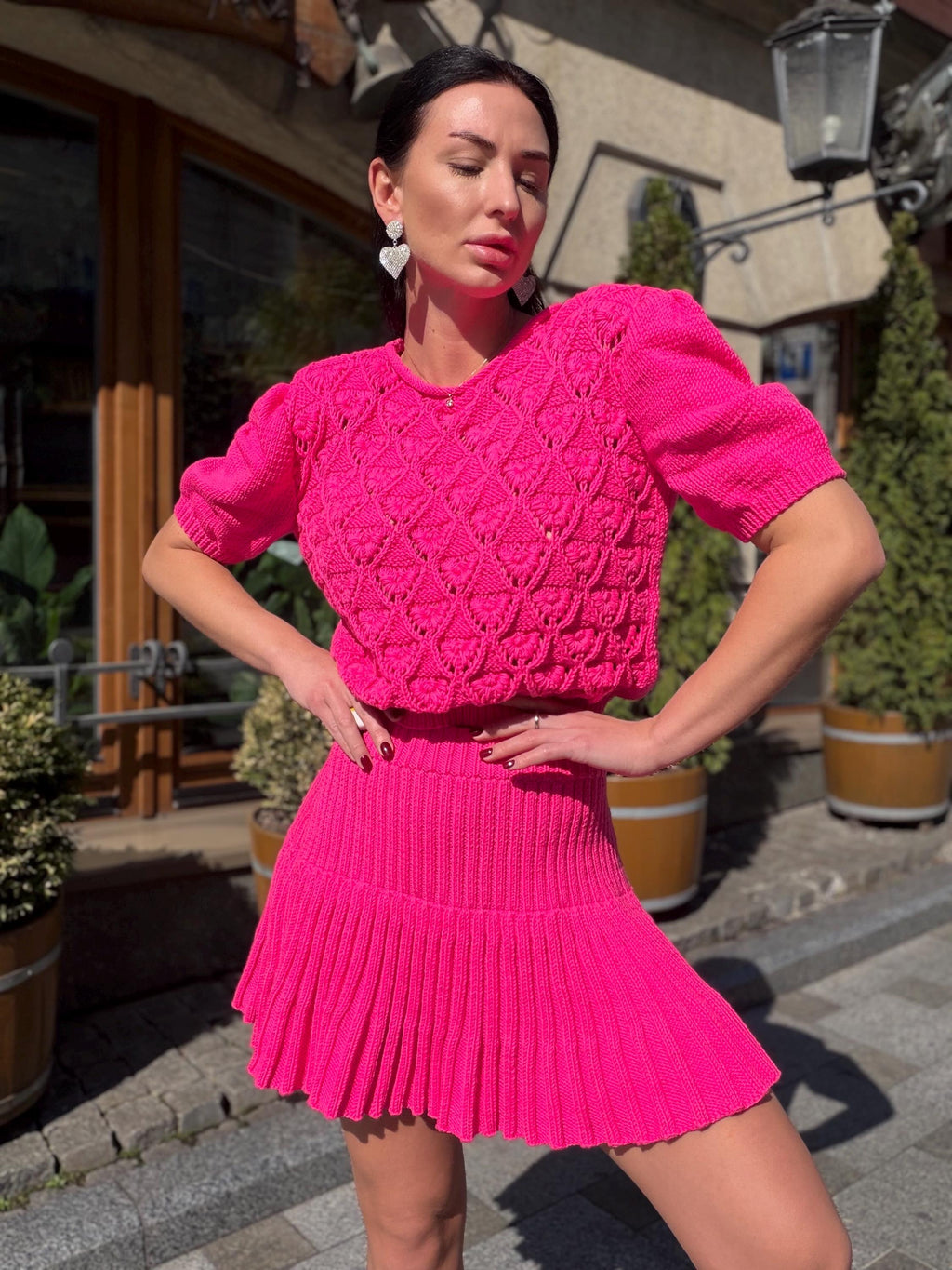 Hot Pink Knit Skirt Set, Cotton Two Piece Set, Handmade Knitted Matching Set, Women Co Ord Set, Mini Skirt Outfit Summer, Set Women