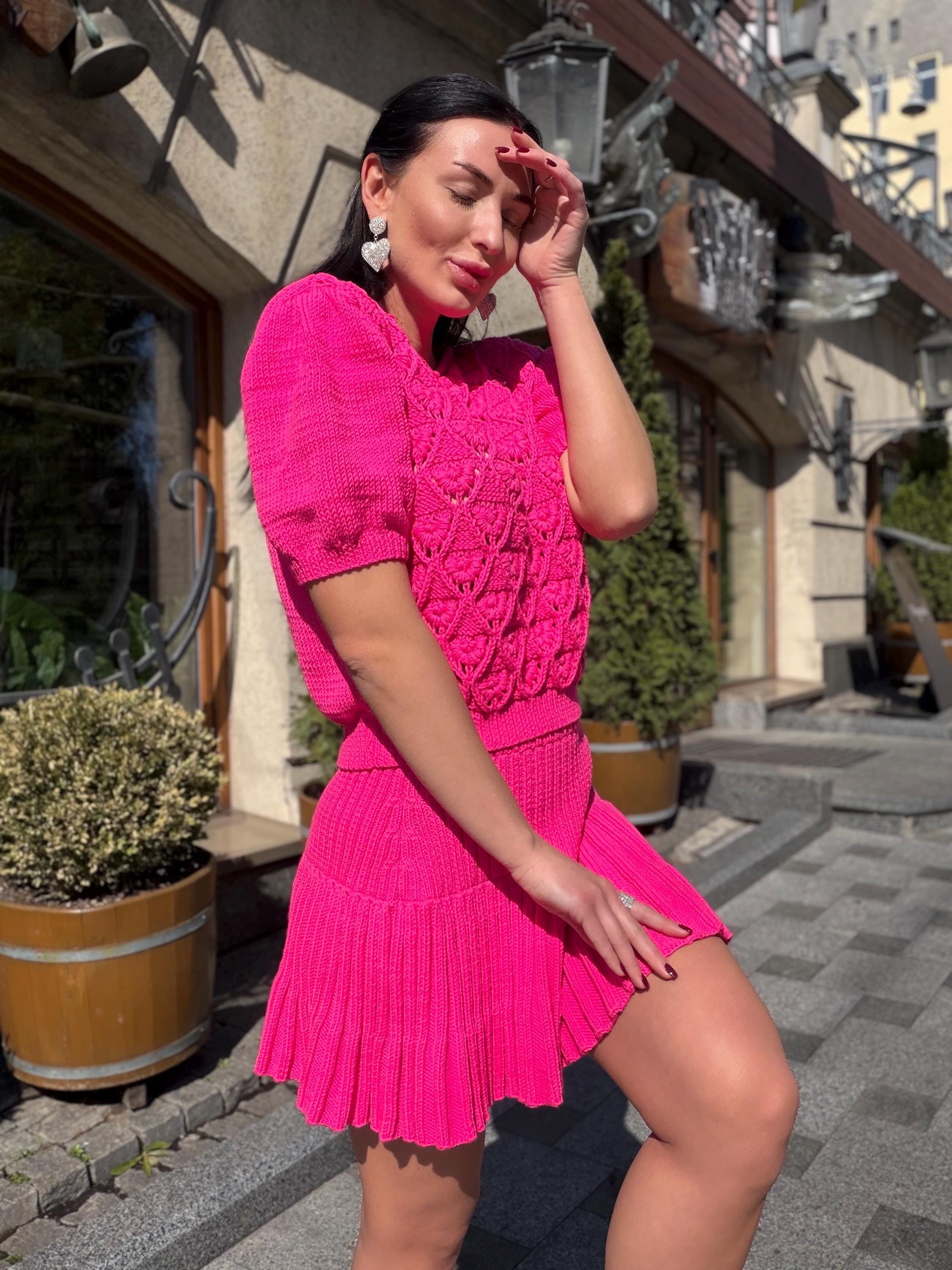 Hot Pink Knit Skirt Set, Cotton Two Piece Set, Handmade Knitted Matching Set, Women Co Ord Set, Mini Skirt Outfit Summer, Set Women