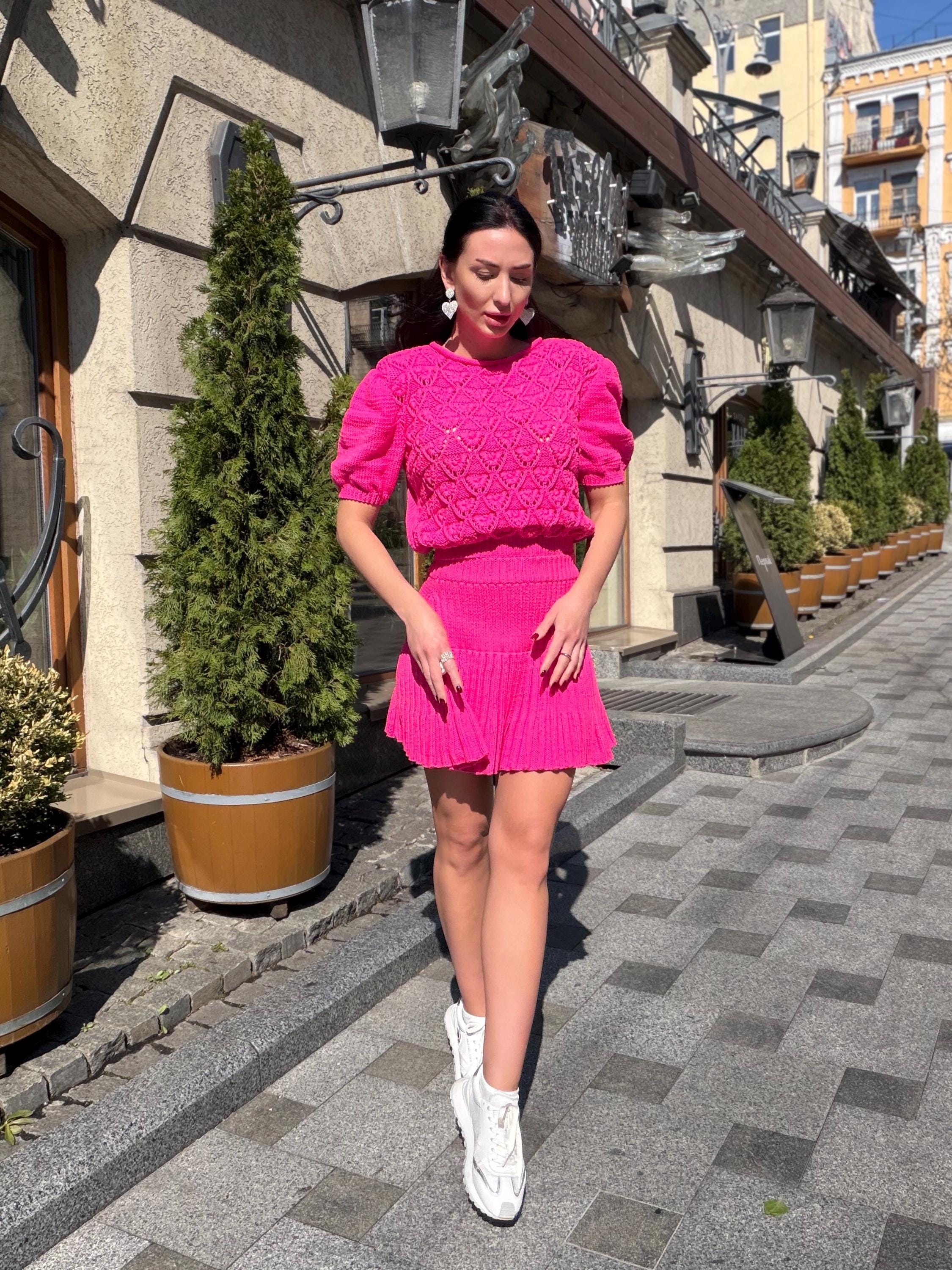 Hot Pink Knit Skirt Set, Cotton Two Piece Set, Handmade Knitted Matching Set, Women Co Ord Set, Mini Skirt Outfit Summer, Set Women