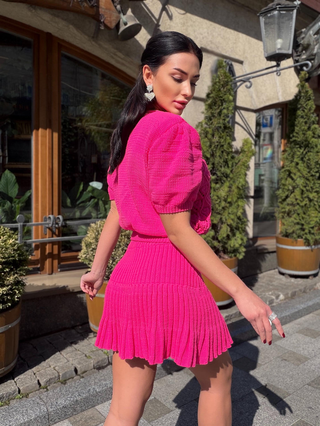 Hot Pink Knit Skirt Set, Cotton Two Piece Set, Handmade Knitted Matching Set, Women Co Ord Set, Mini Skirt Outfit Summer, Set Women