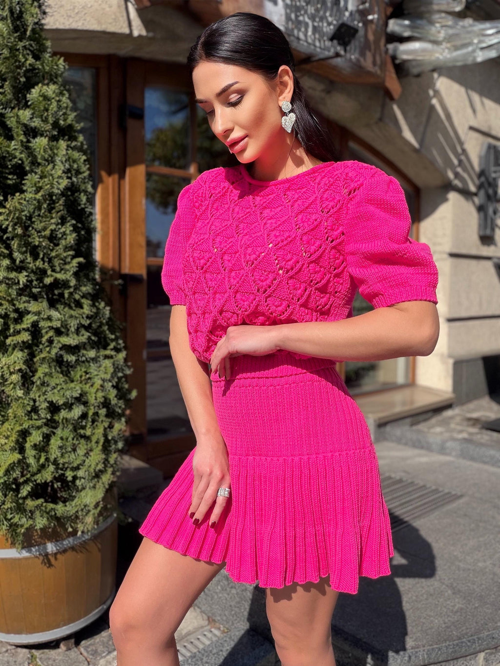 Hot Pink Knit Skirt Set, Cotton Two Piece Set, Handmade Knitted Matching Set, Women Co Ord Set, Mini Skirt Outfit Summer, Set Women