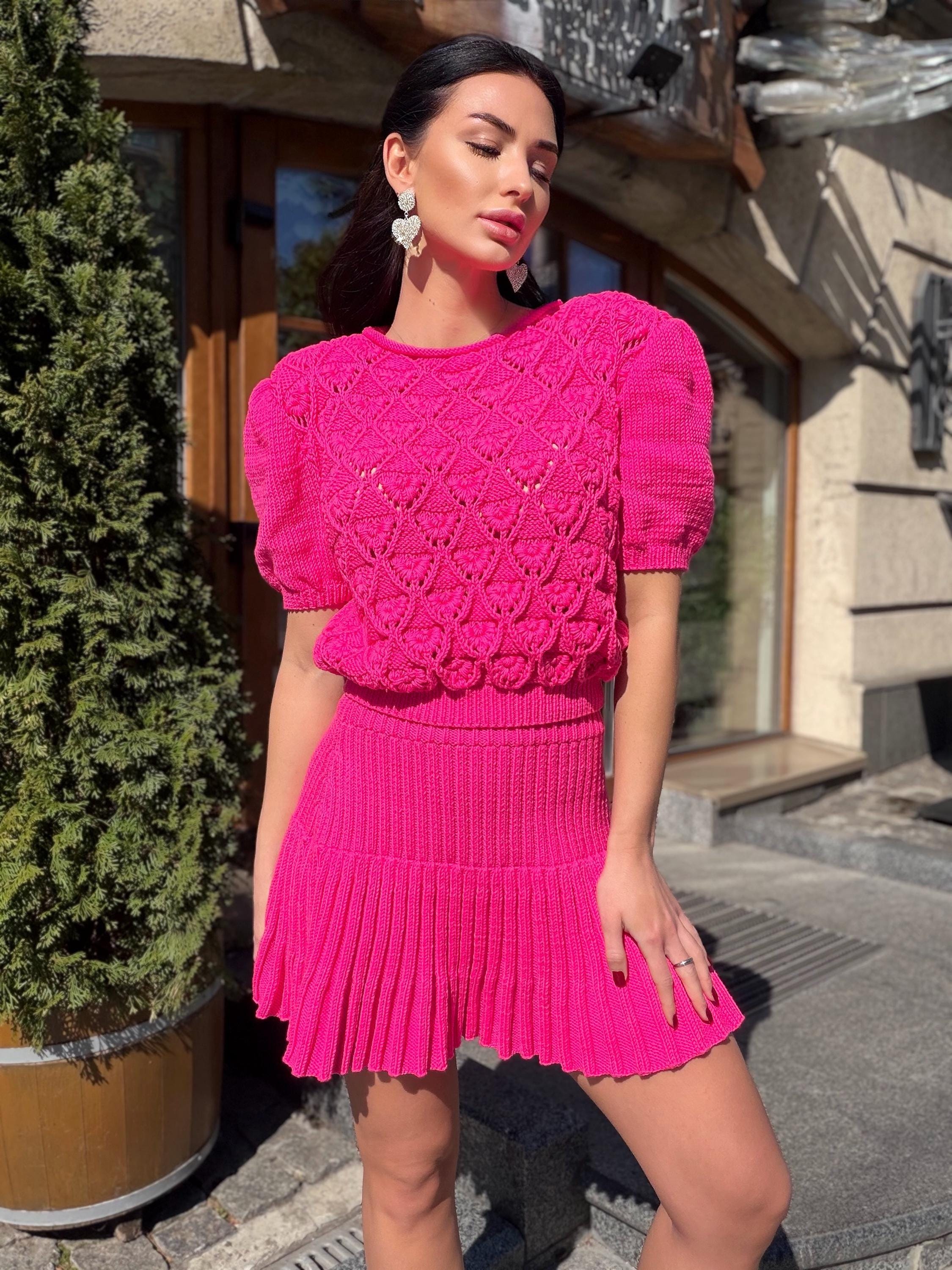 Hot Pink Knit Skirt Set, Cotton Two Piece Set, Handmade Knitted Matching Set, Women Co Ord Set, Mini Skirt Outfit Summer, Set Women