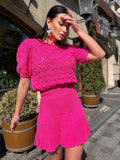 Hot Pink Knit Skirt Set, Cotton Two Piece Set, Handmade Knitted Matching Set, Women Co Ord Set, Mini Skirt Outfit Summer, Set Women