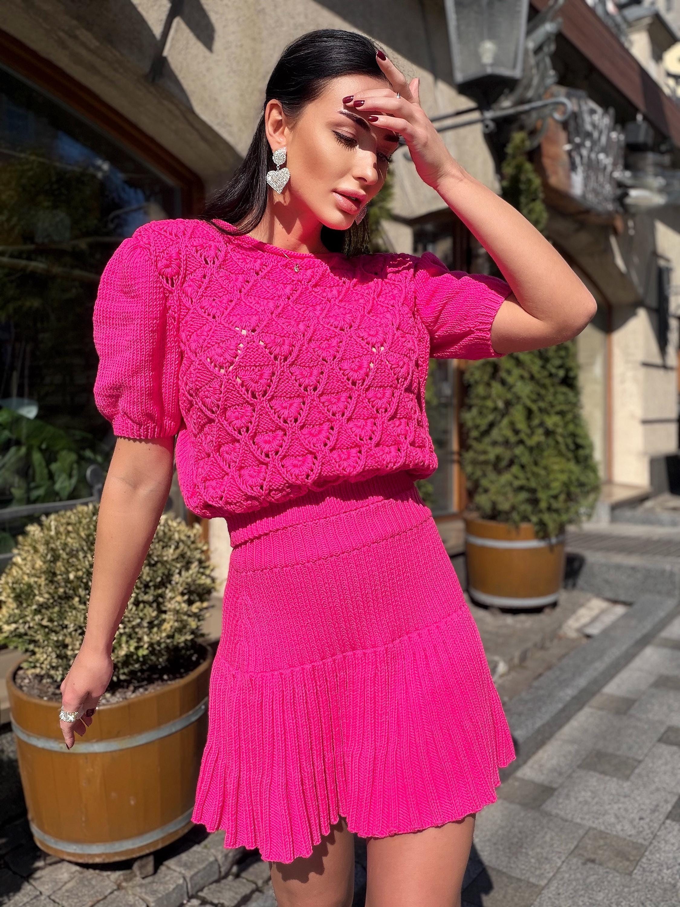 Hot Pink Knit Skirt Set, Cotton Two Piece Set, Handmade Knitted Matching Set, Women Co Ord Set, Mini Skirt Outfit Summer, Set Women