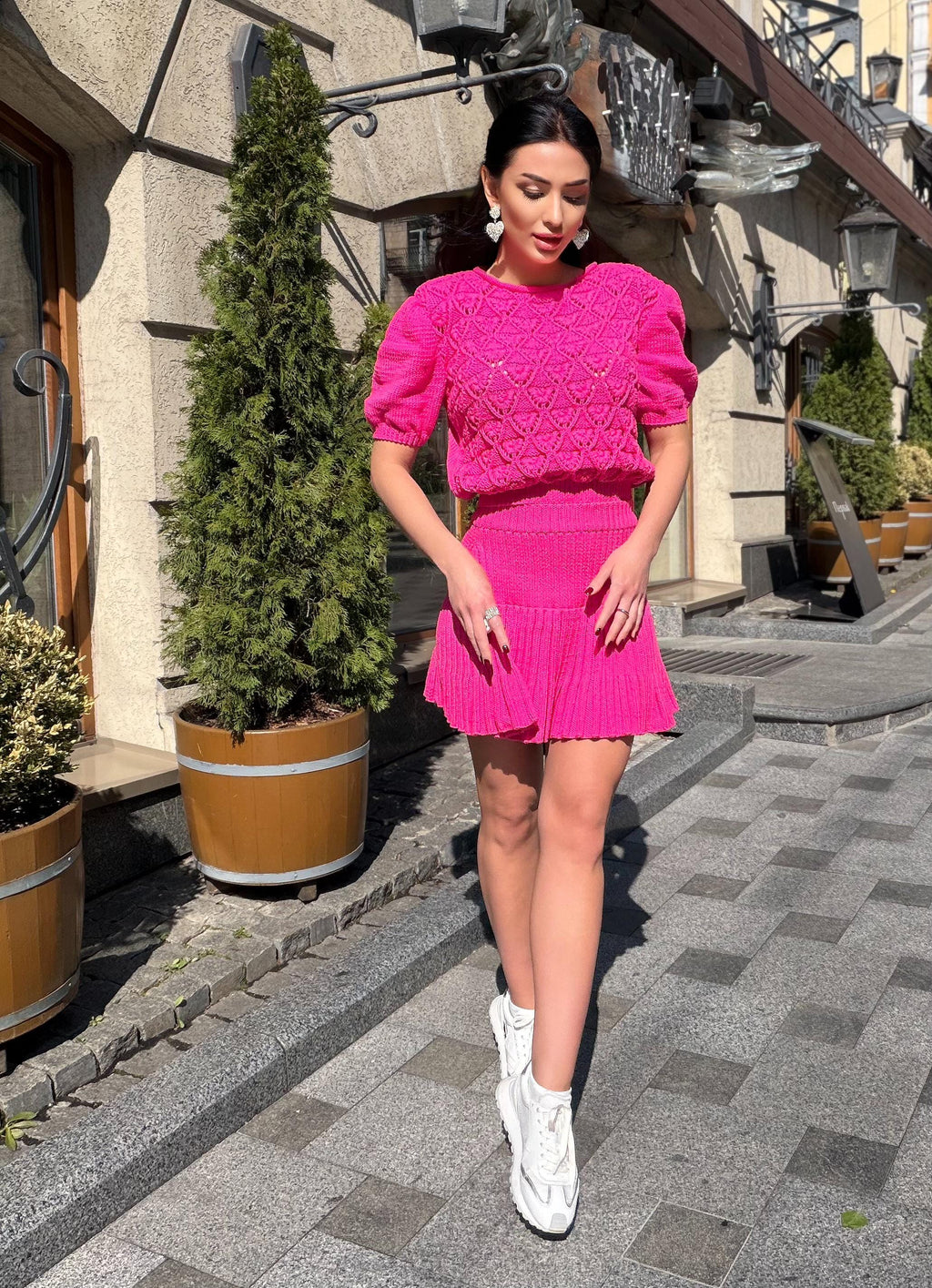 Hot Pink Knit Skirt Set, Cotton Two Piece Set, Handmade Knitted Matching Set, Women Co Ord Set, Mini Skirt Outfit Summer, Set Women