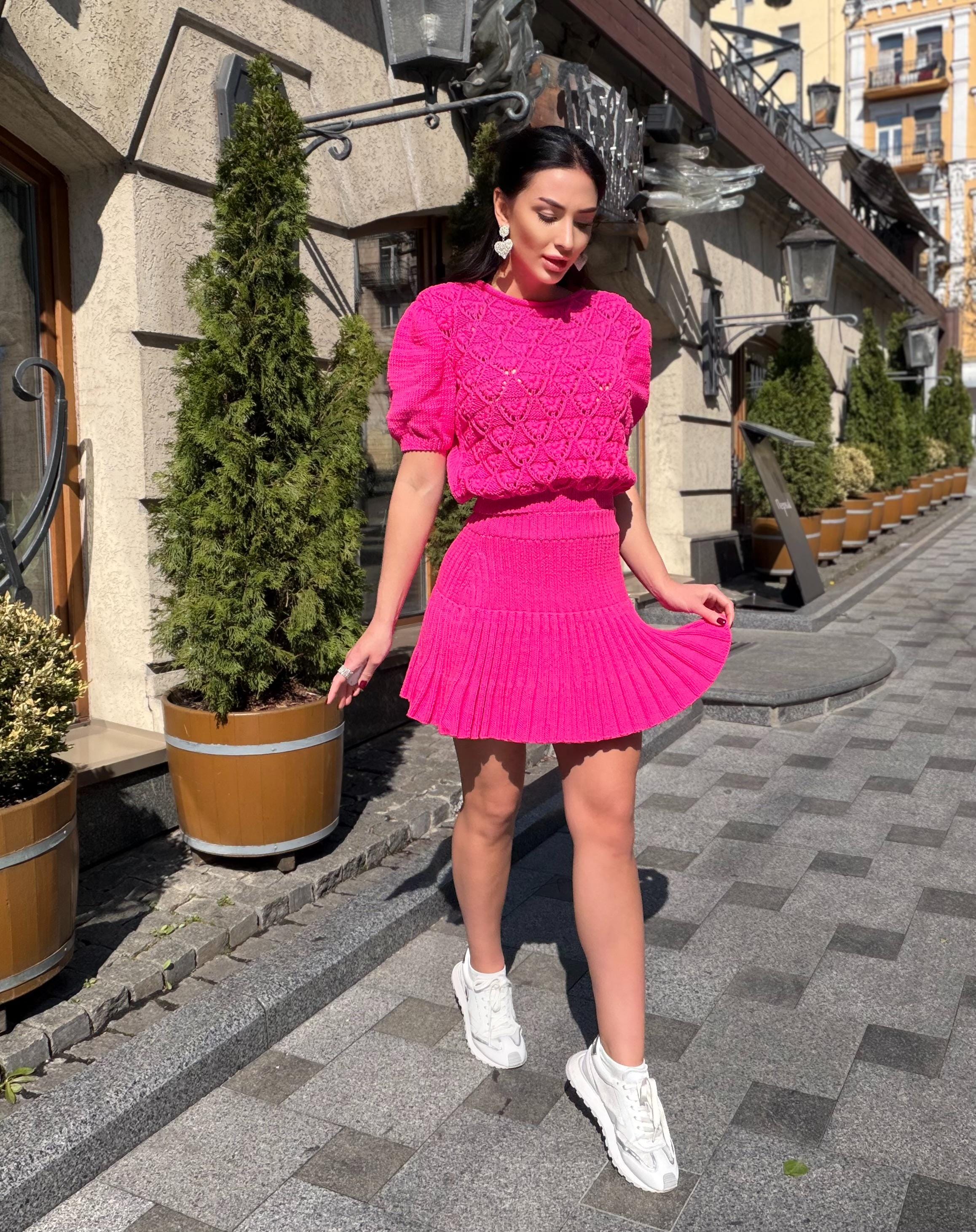 Hot Pink Knit Skirt Set, Cotton Two Piece Set, Handmade Knitted Matching Set, Women Co Ord Set, Mini Skirt Outfit Summer, Set Women