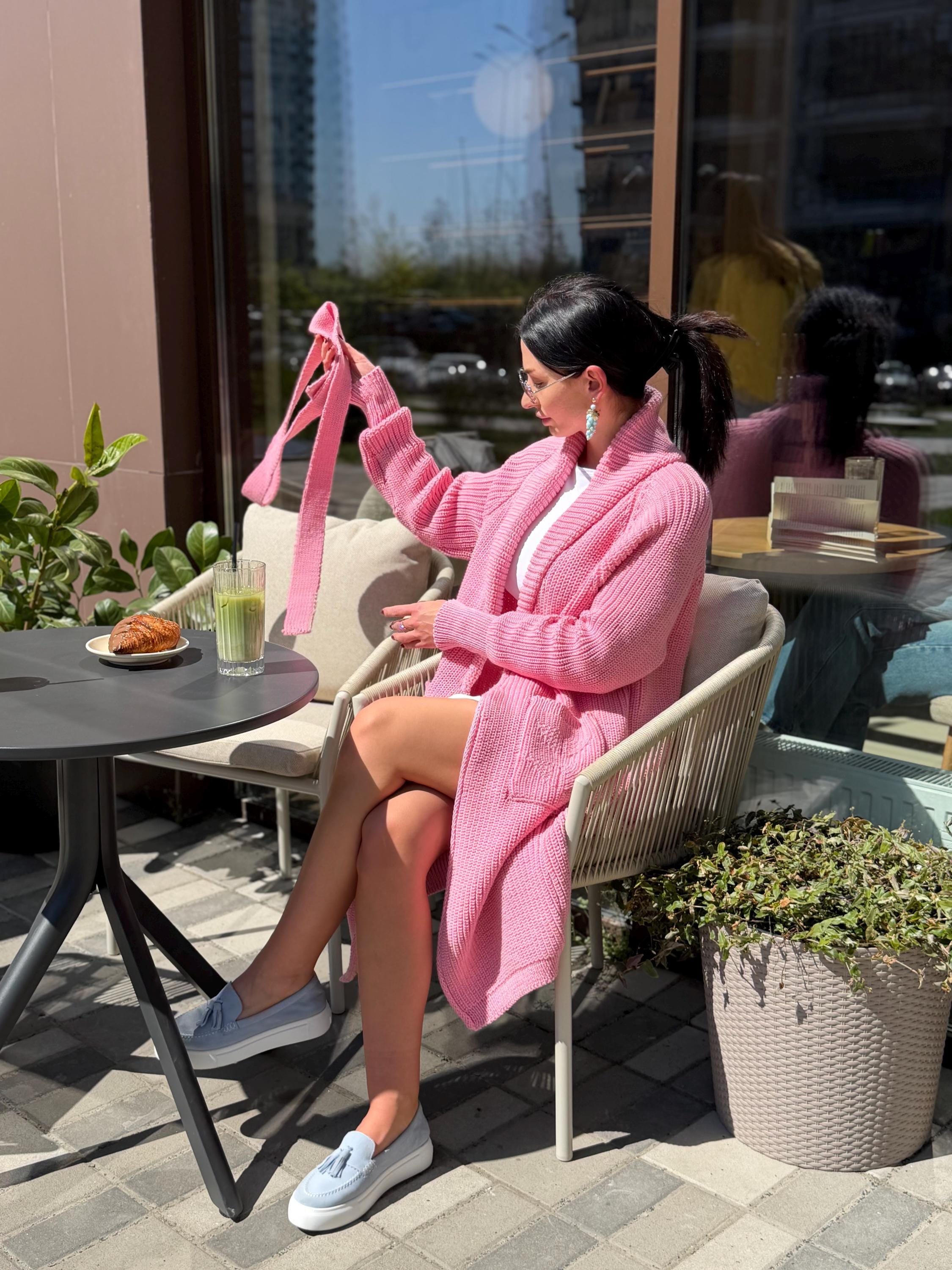 Soft Pink Handmade Cardigan, Merino Wool Long Knit Coat, Belted Cozy Sweater, Chunky Knit Women Cardigan, Luxury Knitwear
