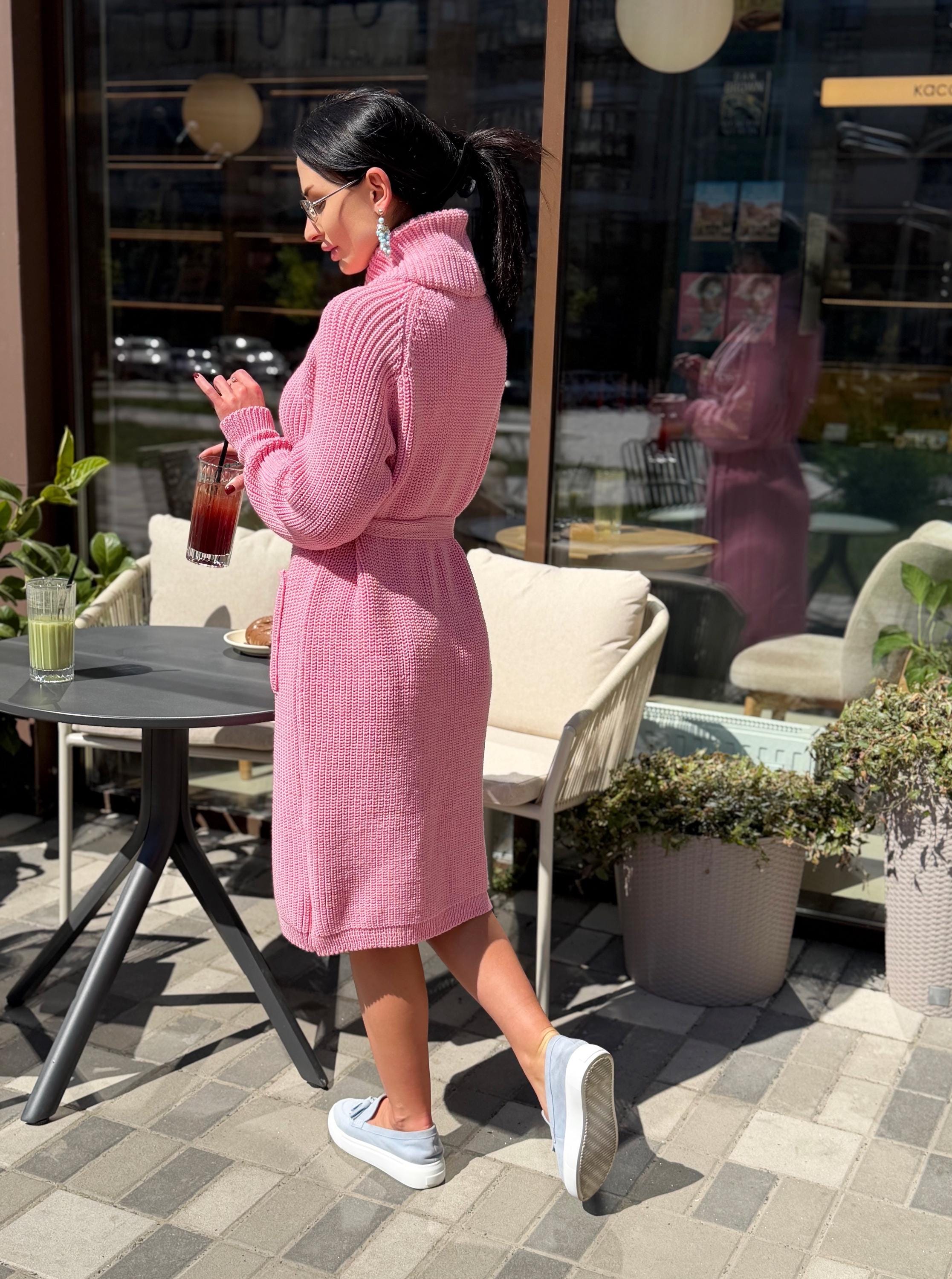 Soft Pink Handmade Cardigan, Merino Wool Long Knit Coat, Belted Cozy Sweater, Chunky Knit Women Cardigan, Luxury Knitwear
