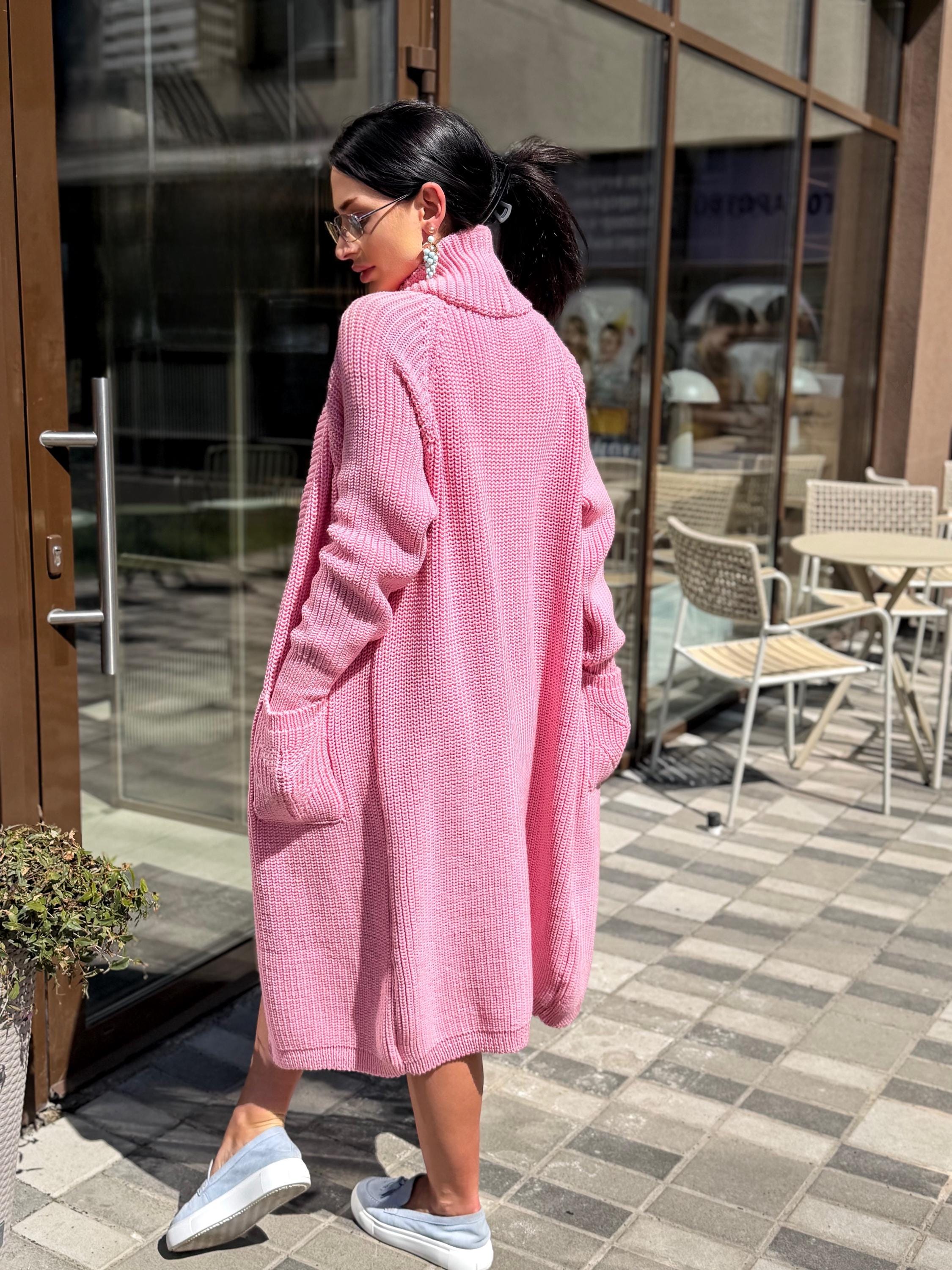 Soft Pink Handmade Cardigan, Merino Wool Long Knit Coat, Belted Cozy Sweater, Chunky Knit Women Cardigan, Luxury Knitwear