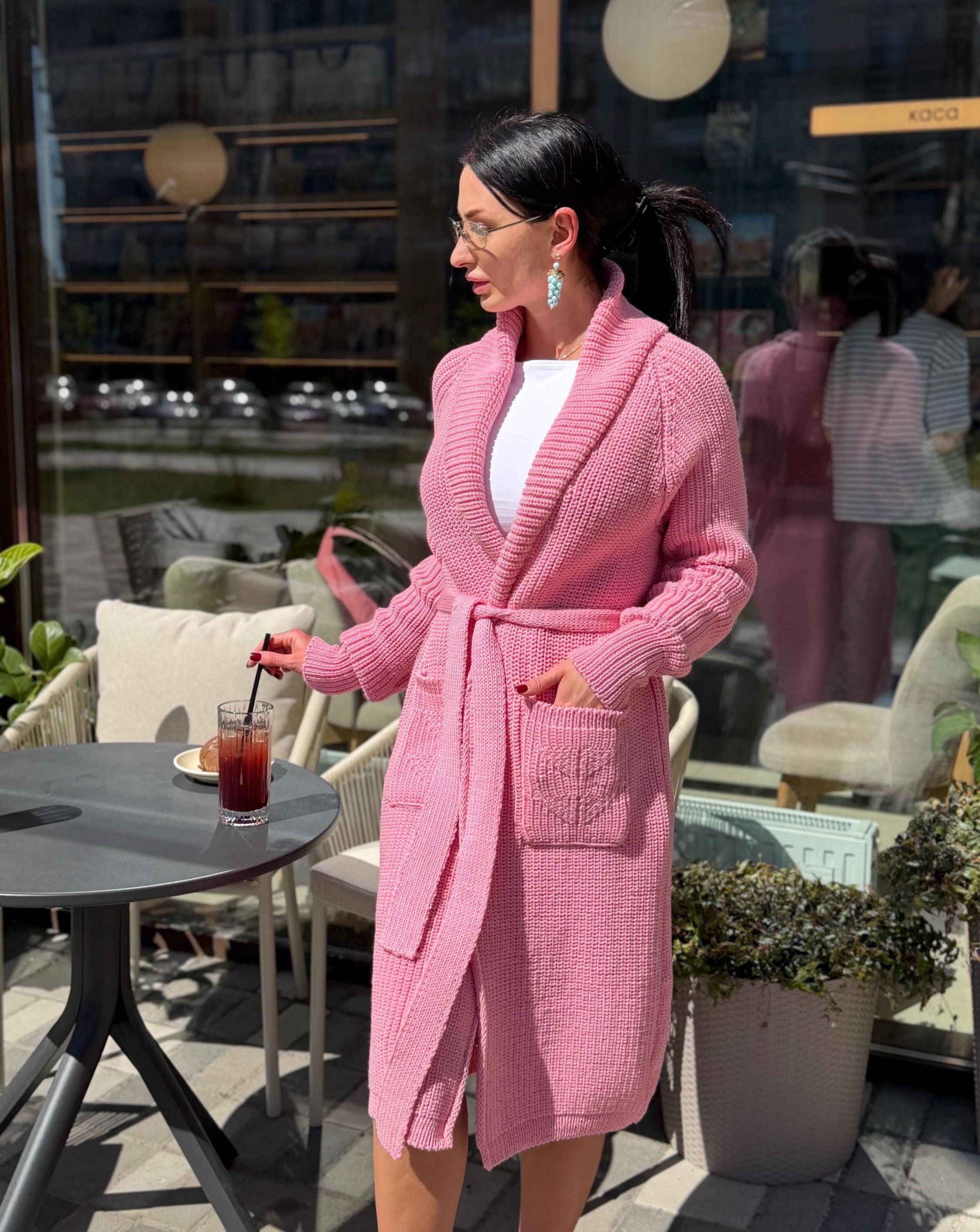 Soft Pink Handmade Cardigan, Merino Wool Long Knit Coat, Belted Cozy Sweater, Chunky Knit Women Cardigan, Luxury Knitwear