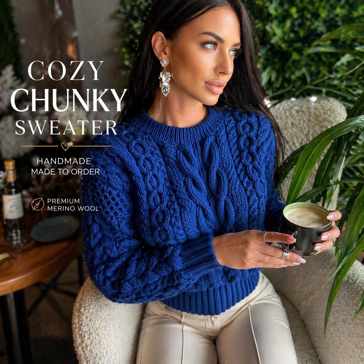 Blue Cable Knit Sweater Chunky Knit Sweater Ready To Ship Handmade Merino Wool Sweater One Of A Kind Cozy Winter Sweater Fast Shipping