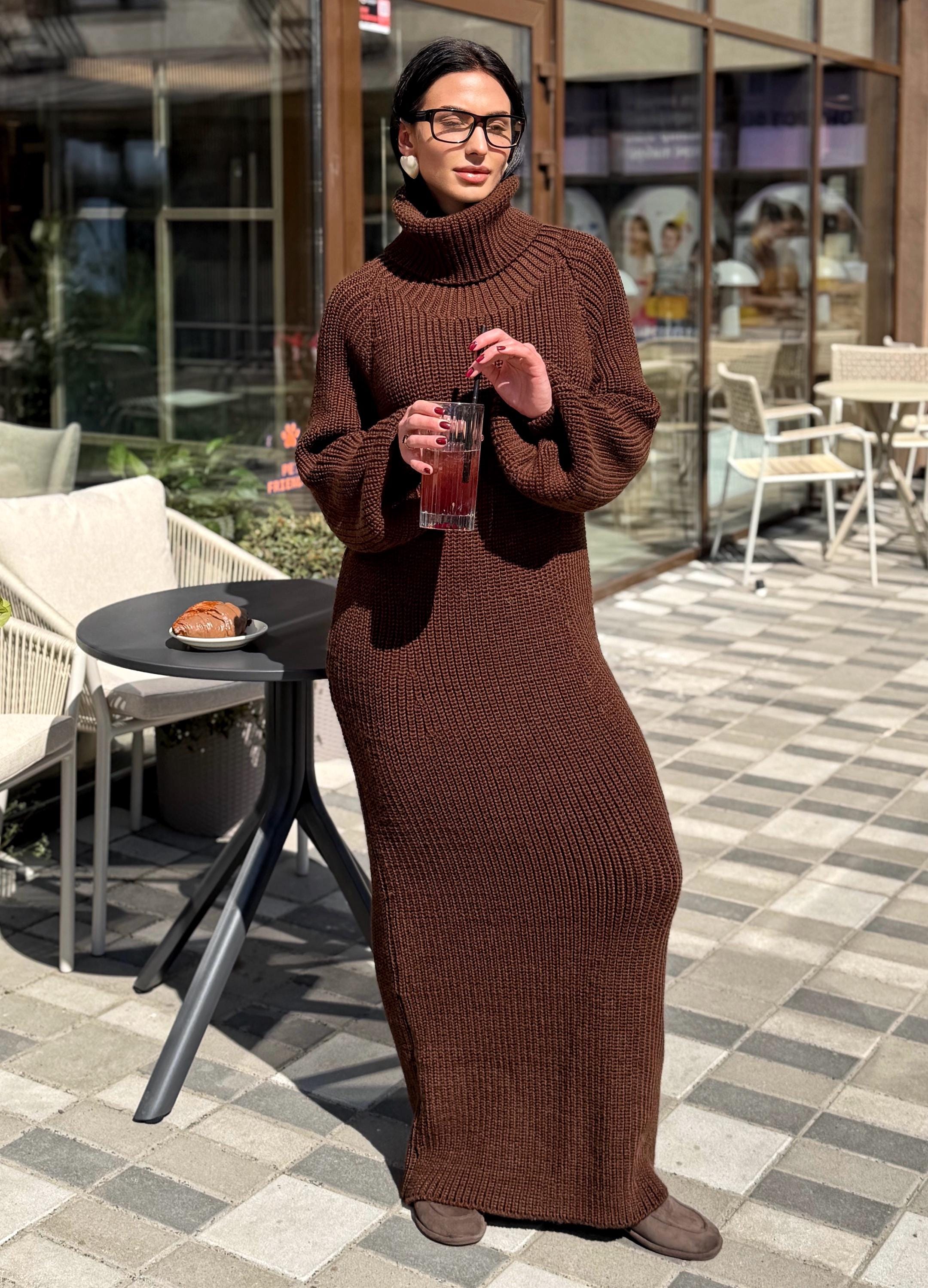 Large hand knit chunky sweater dress merino wool maxi turtleneck Oversized long cozy winter outfit High big collar Women Dress puff sleeves