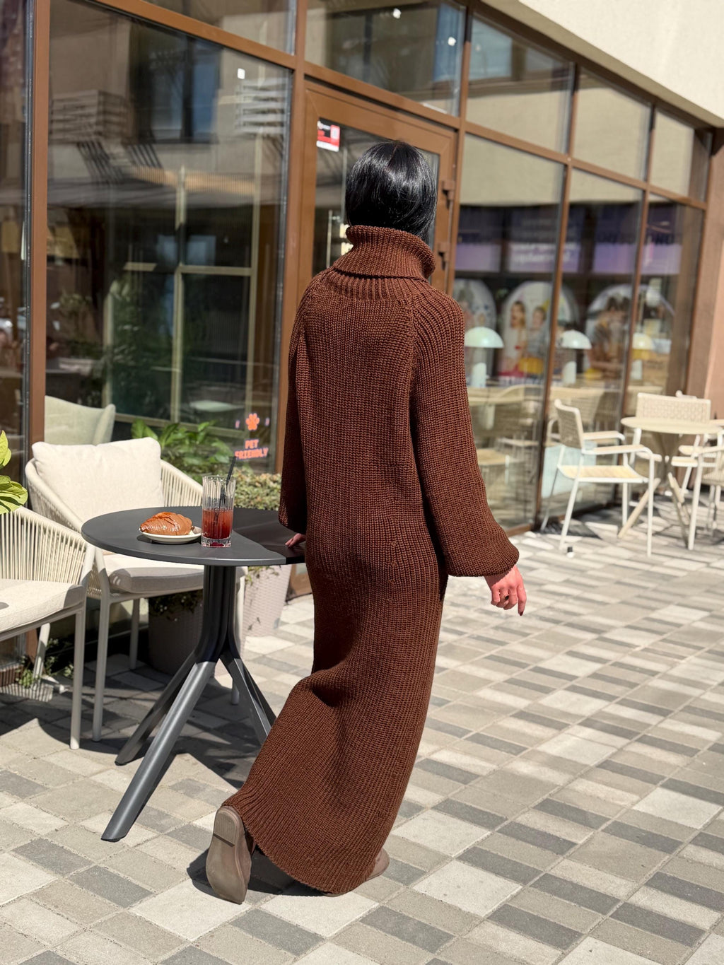Large hand knit chunky sweater dress merino wool maxi turtleneck Oversized long cozy winter outfit High big collar Women Dress puff sleeves