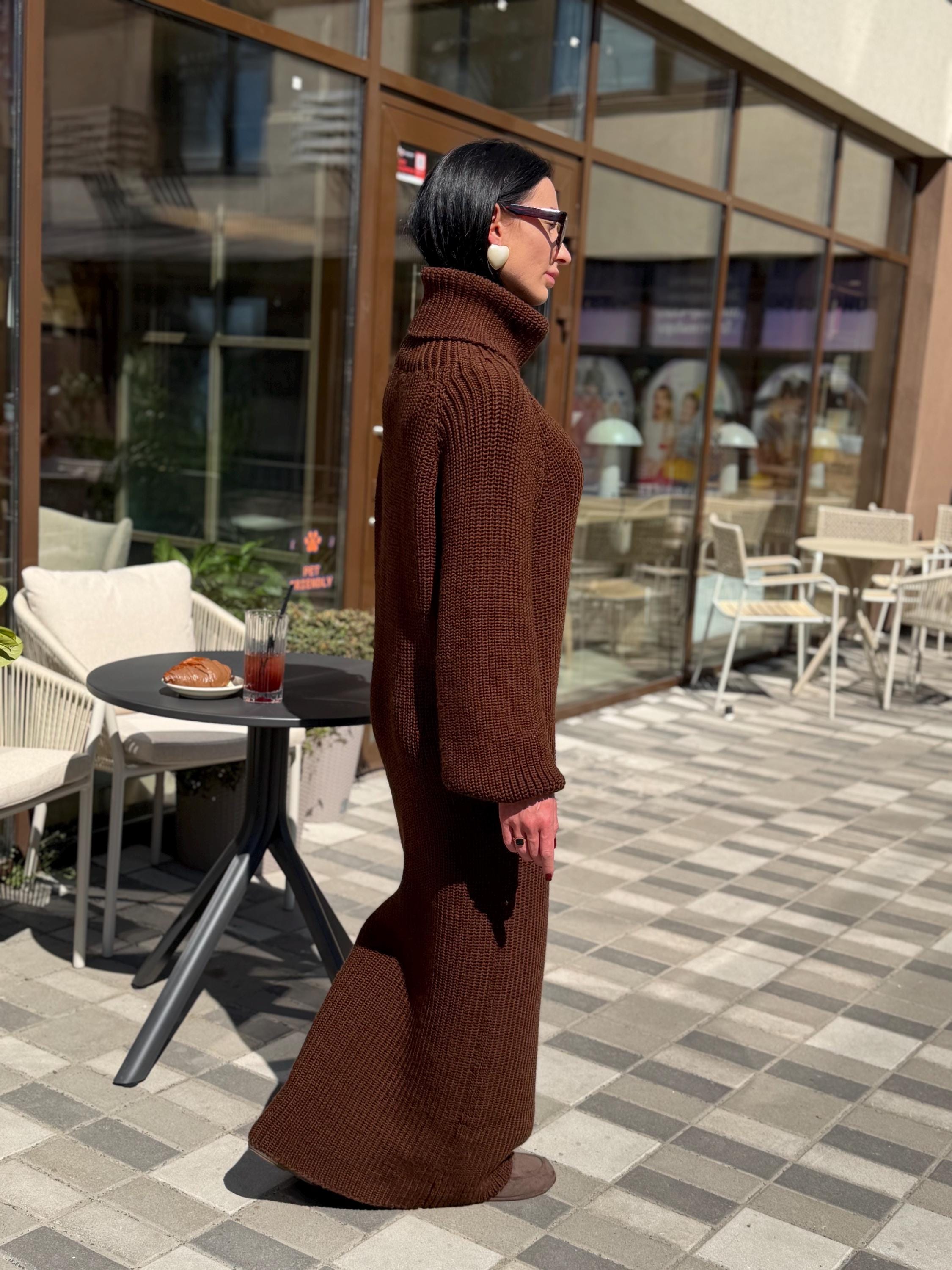 Made to Measure Knit Dress, Luxury Chunky Turtleneck Dress, Handmade Maxi Sweater Dress, Sculpted Silhouette, Custom Wool Dress Slow Fashion