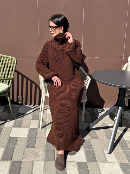 Brown Merino Wool Maxi Dress Chunky Knit Large Turtleneck Dress Oversized Sweater Dress Women Cozy Winter Long Knit Dress, Minimalist Outfit