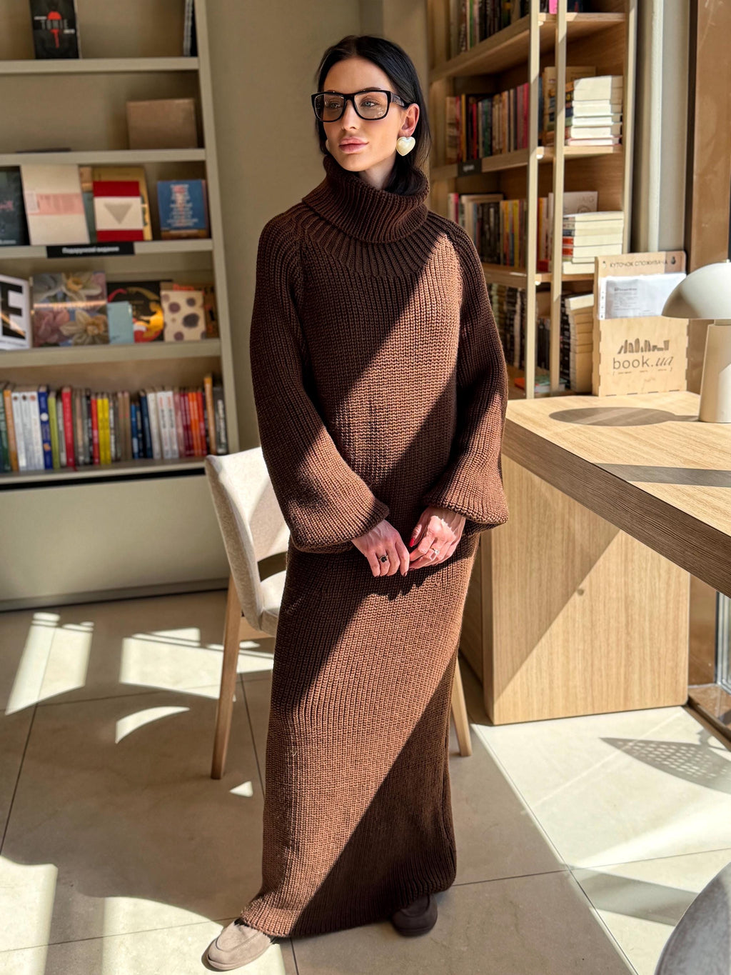 Large hand knit chunky sweater dress merino wool maxi turtleneck Oversized long cozy winter outfit High big collar Women Dress puff sleeves