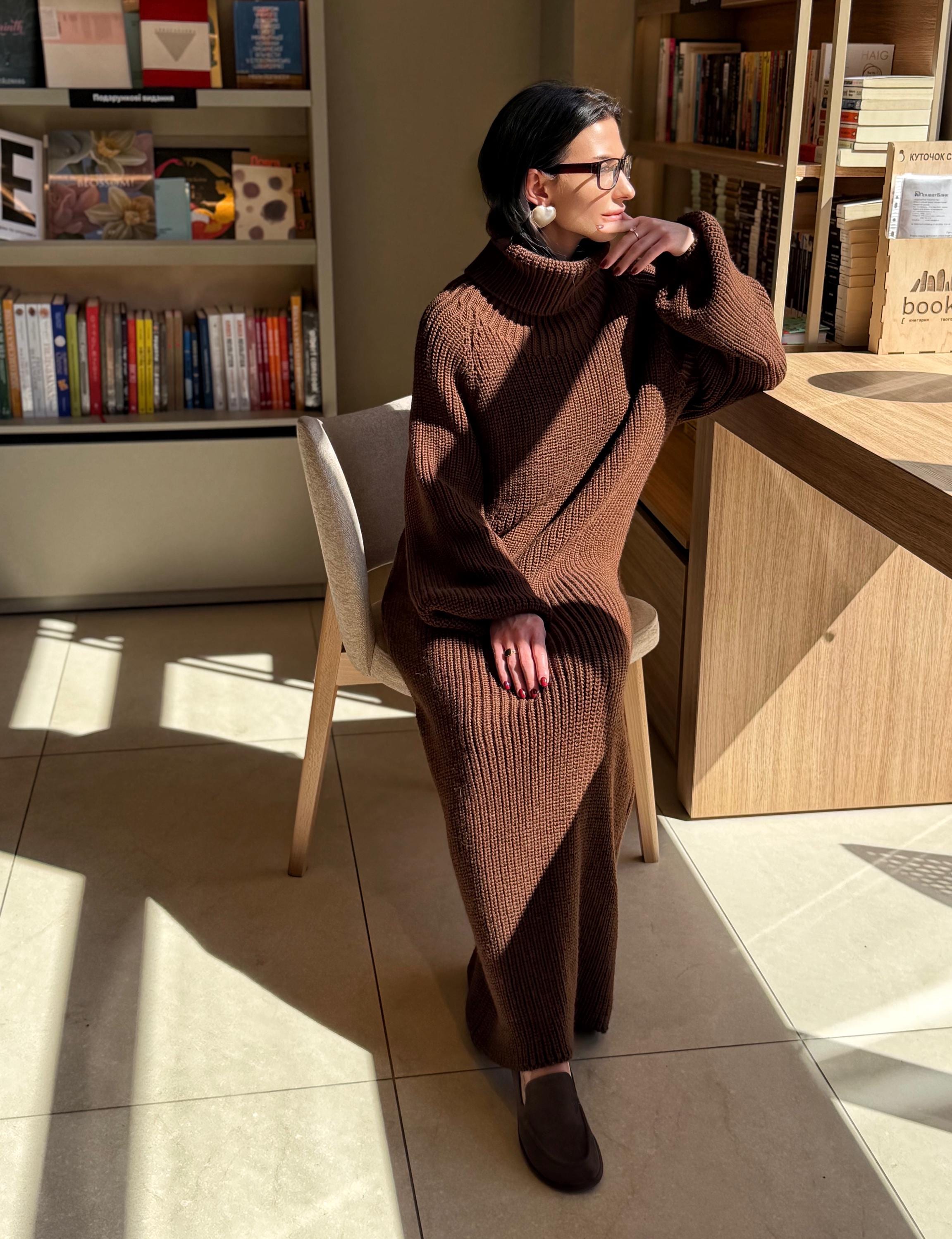 Large hand knit chunky sweater dress merino wool maxi turtleneck Oversized long cozy winter outfit High big collar Women Dress puff sleeves