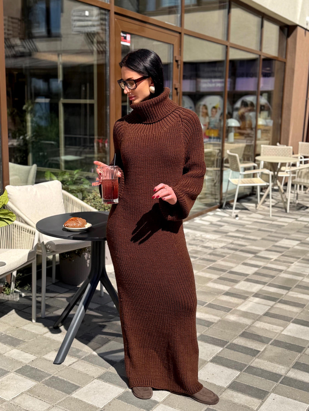 Large hand knit chunky sweater dress merino wool maxi turtleneck Oversized long cozy winter outfit High big collar Women Dress puff sleeves
