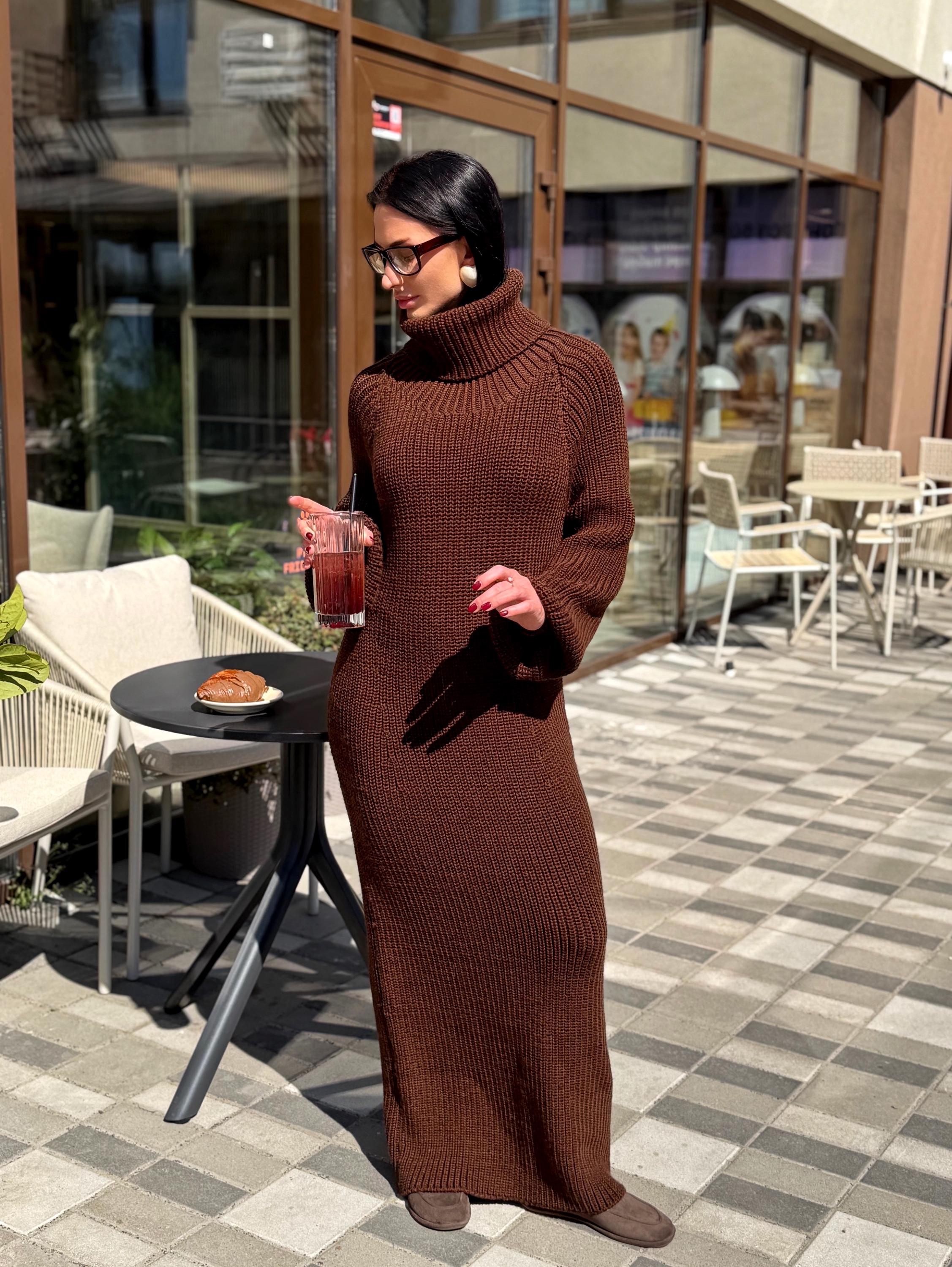 Large hand knit chunky sweater dress merino wool maxi turtleneck Oversized long cozy winter outfit High big collar Women Dress puff sleeves