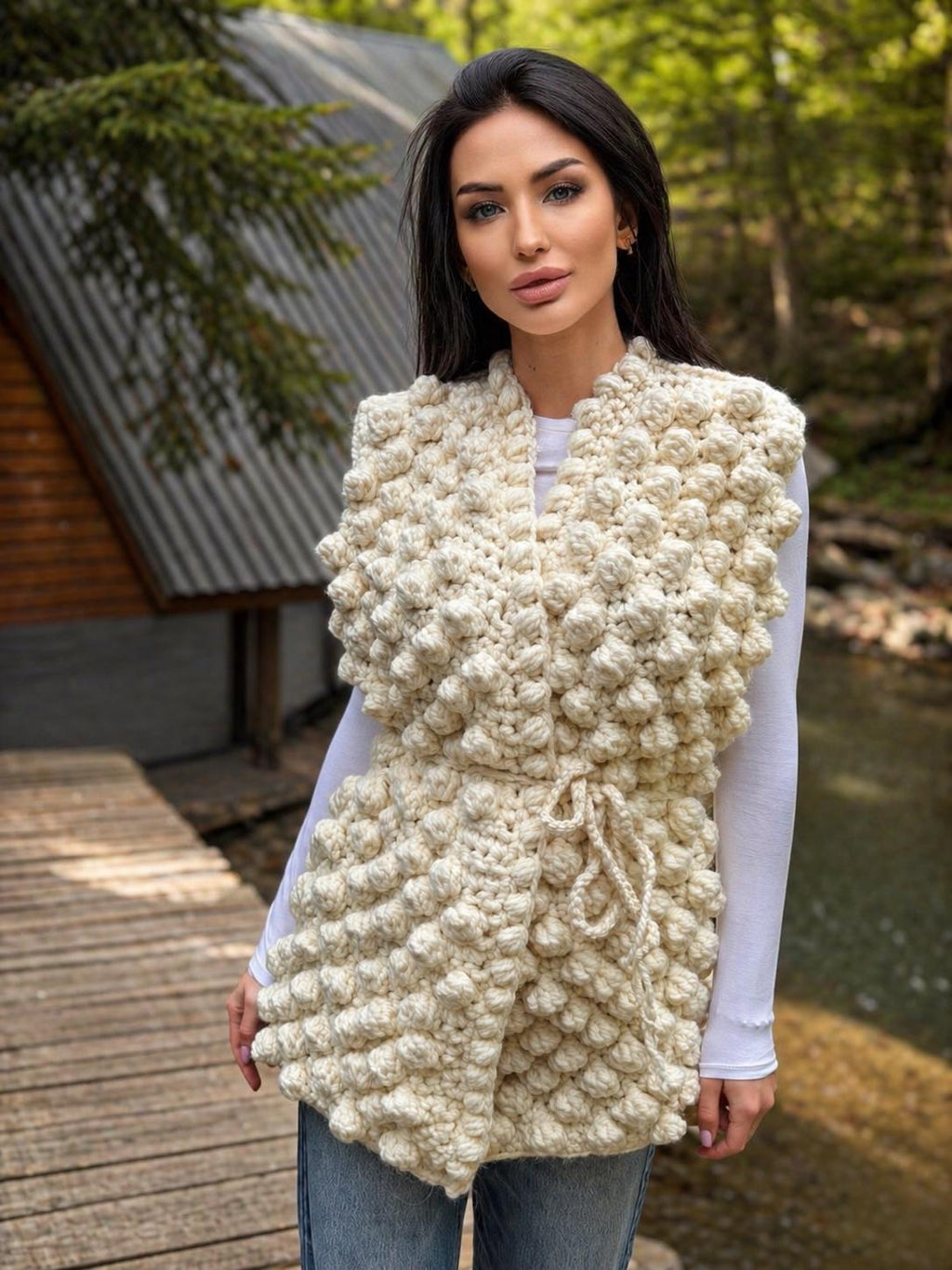 Chunky alpaca wool crochet vest handmade belted vest milk white knitwear textured women vest cozy statement piece