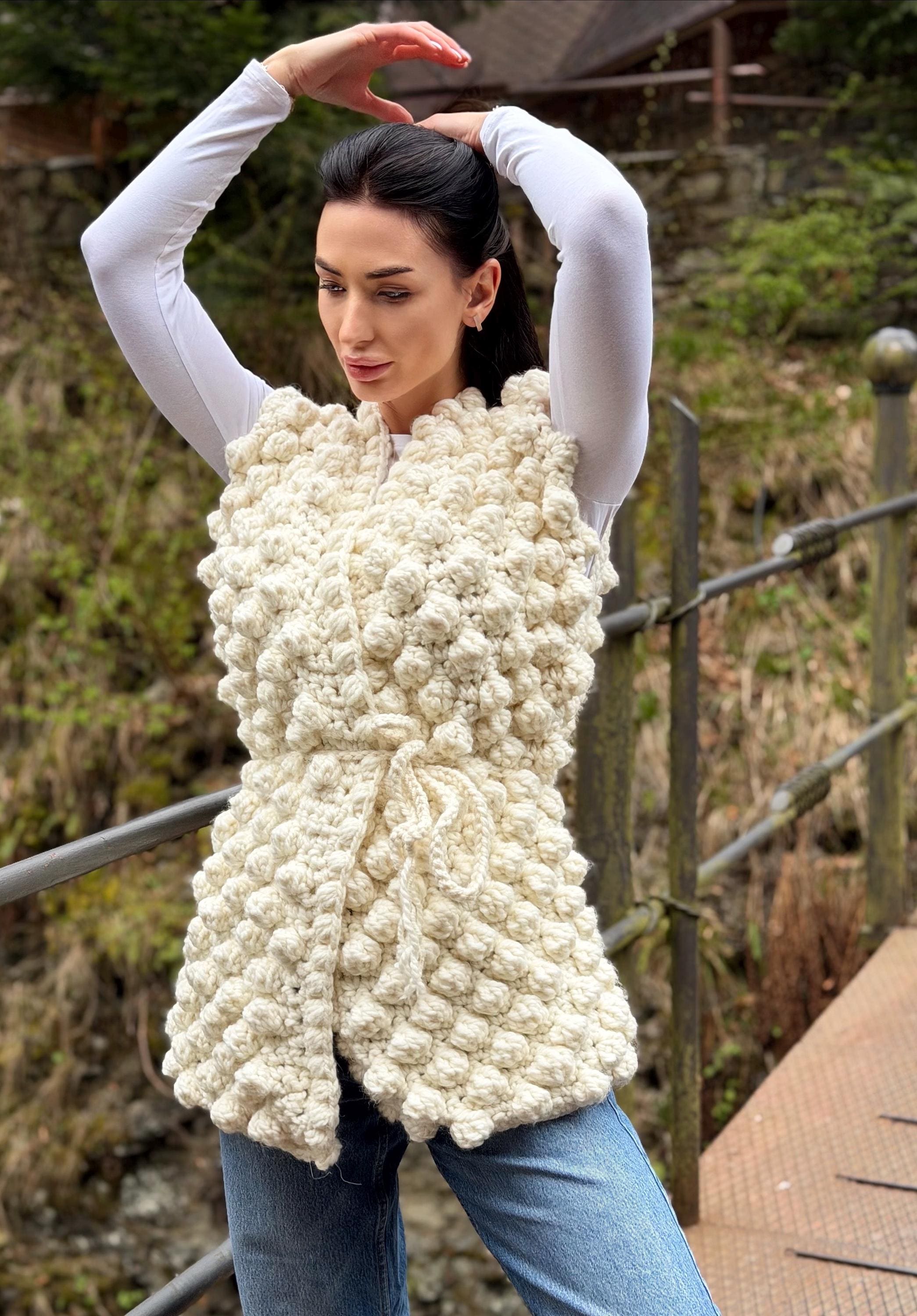 Chunky alpaca wool crochet vest handmade belted vest milk white knitwear textured women vest cozy statement piece