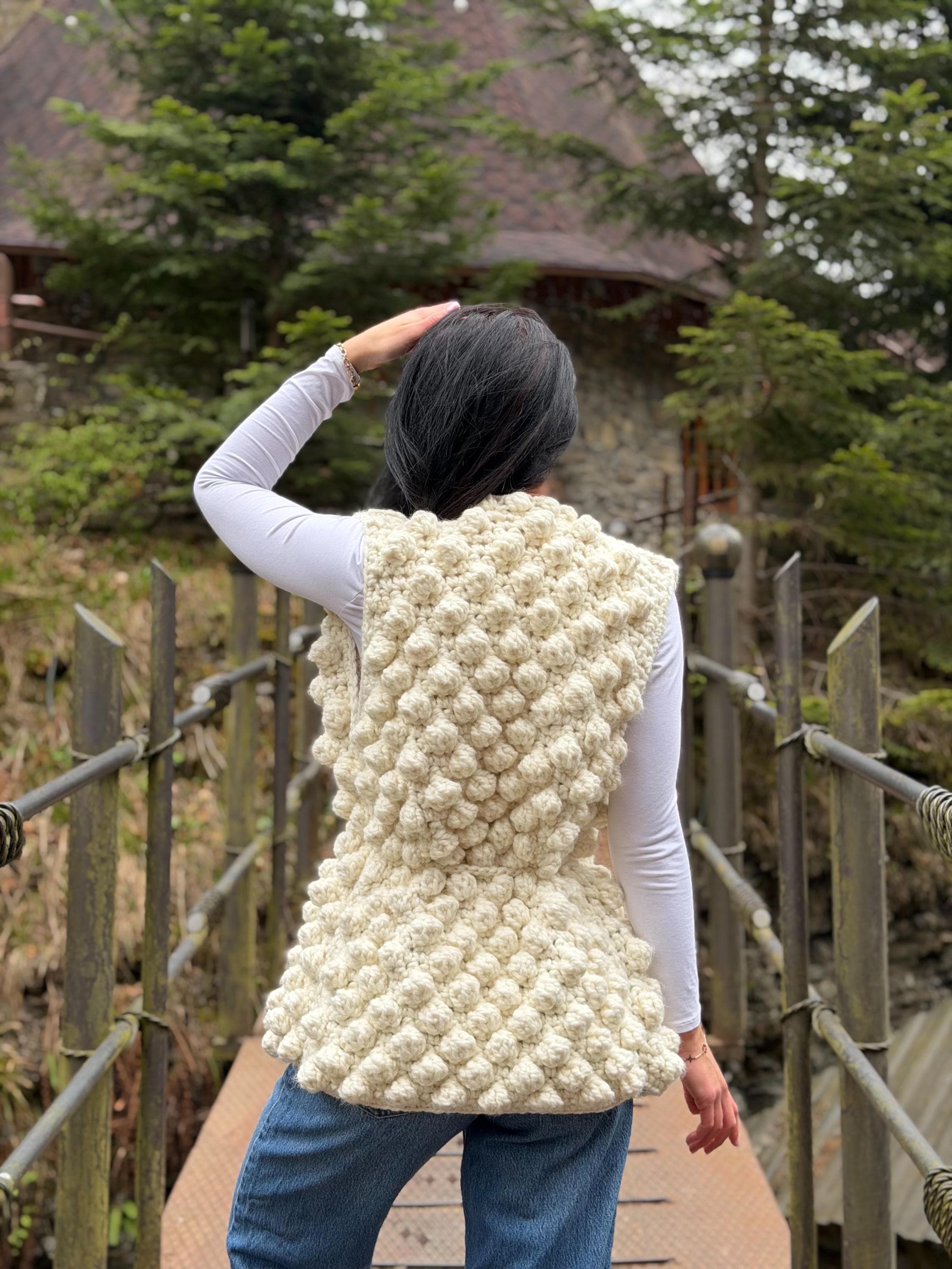 Chunky alpaca wool crochet vest handmade belted vest milk white knitwear textured women vest cozy statement piece