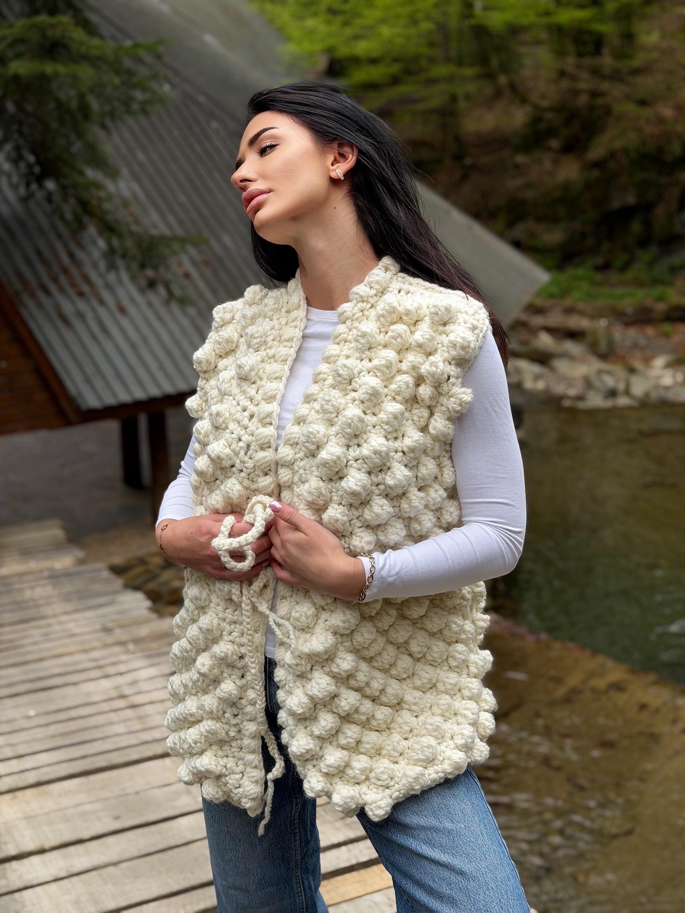 Chunky alpaca wool crochet vest handmade belted vest milk white knitwear textured women vest cozy statement piece