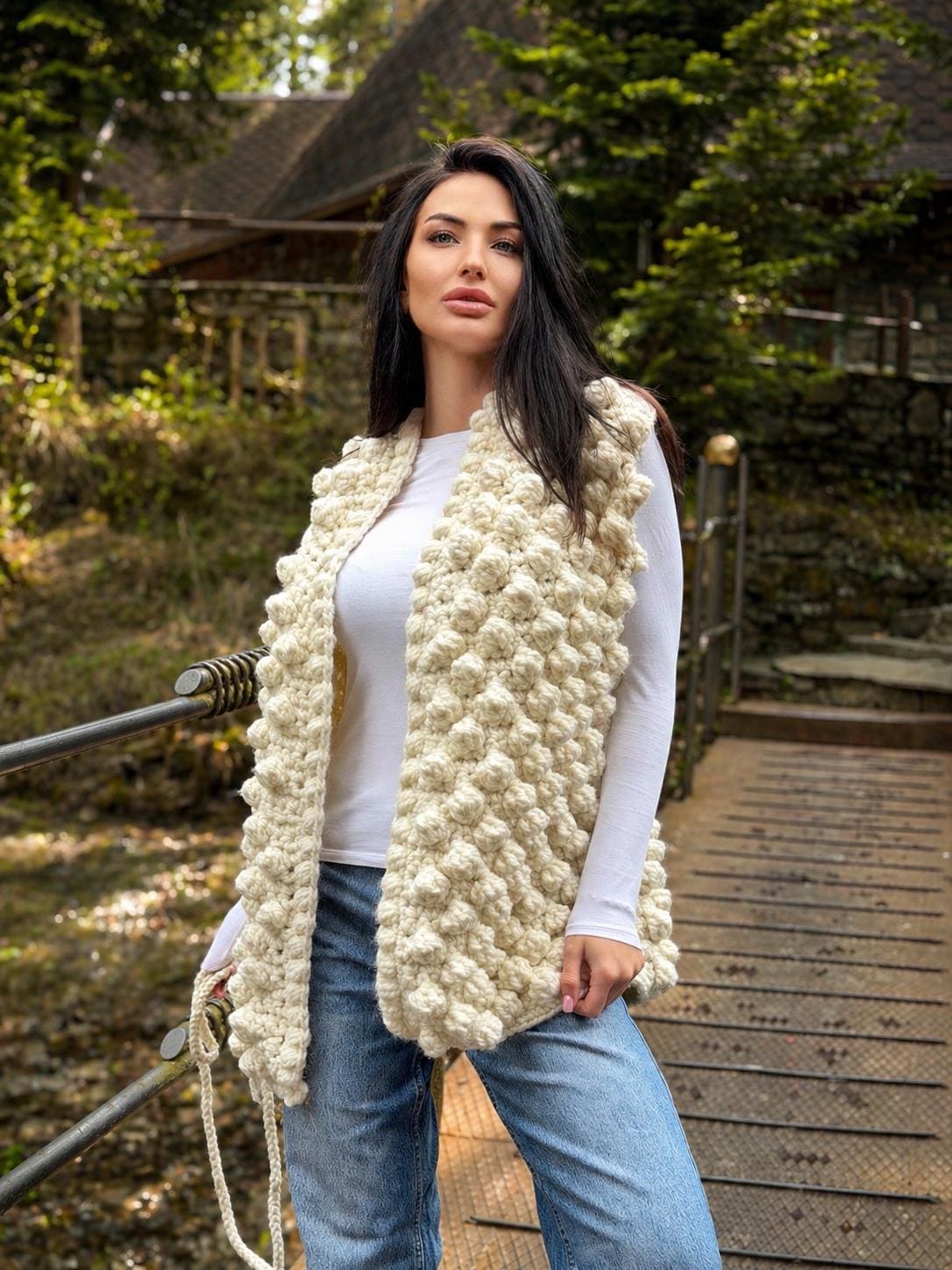 Chunky alpaca wool crochet vest handmade belted vest milk white knitwear textured women vest cozy statement piece
