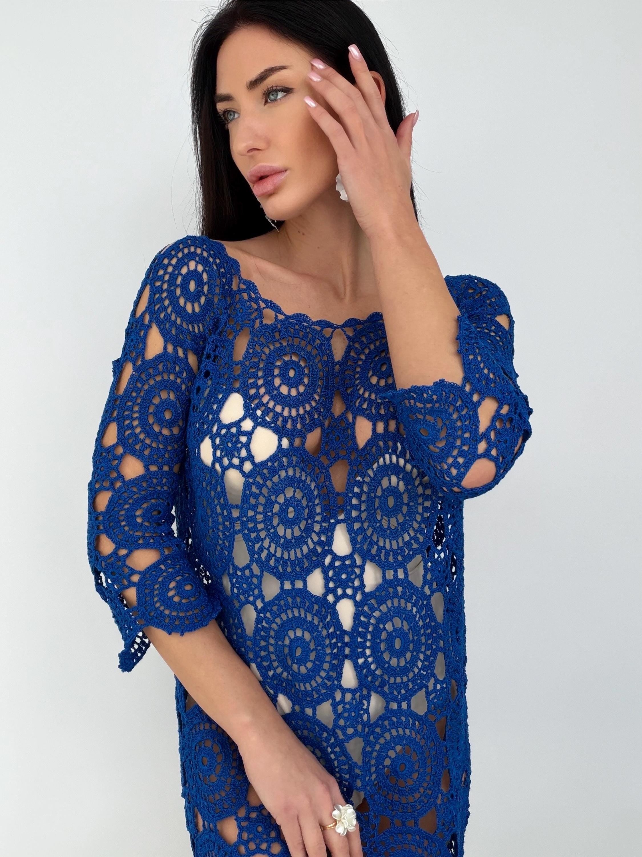 Royal Blue Crochet Dress, Handmade cover-up Openwork Mini Dress, Backless Boho Beach Cover Up, Cotton Lace Tunic, Festival Summer Dress