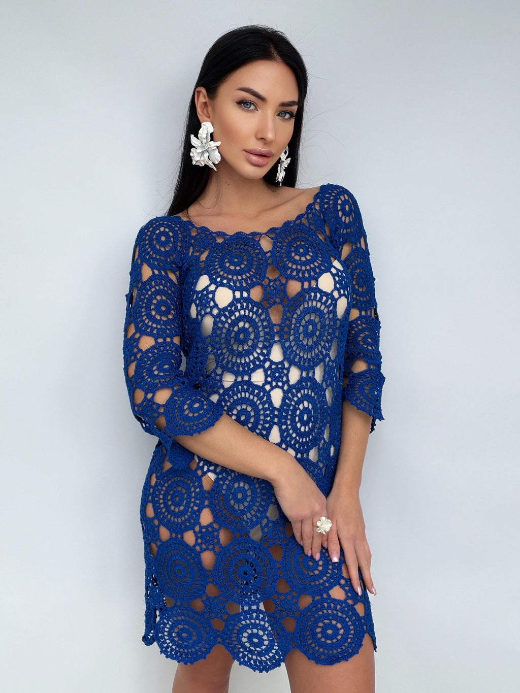 Royal Blue Crochet Dress, Handmade cover-up Openwork Mini Dress, Backless Boho Beach Cover Up, Cotton Lace Tunic, Festival Summer Dress