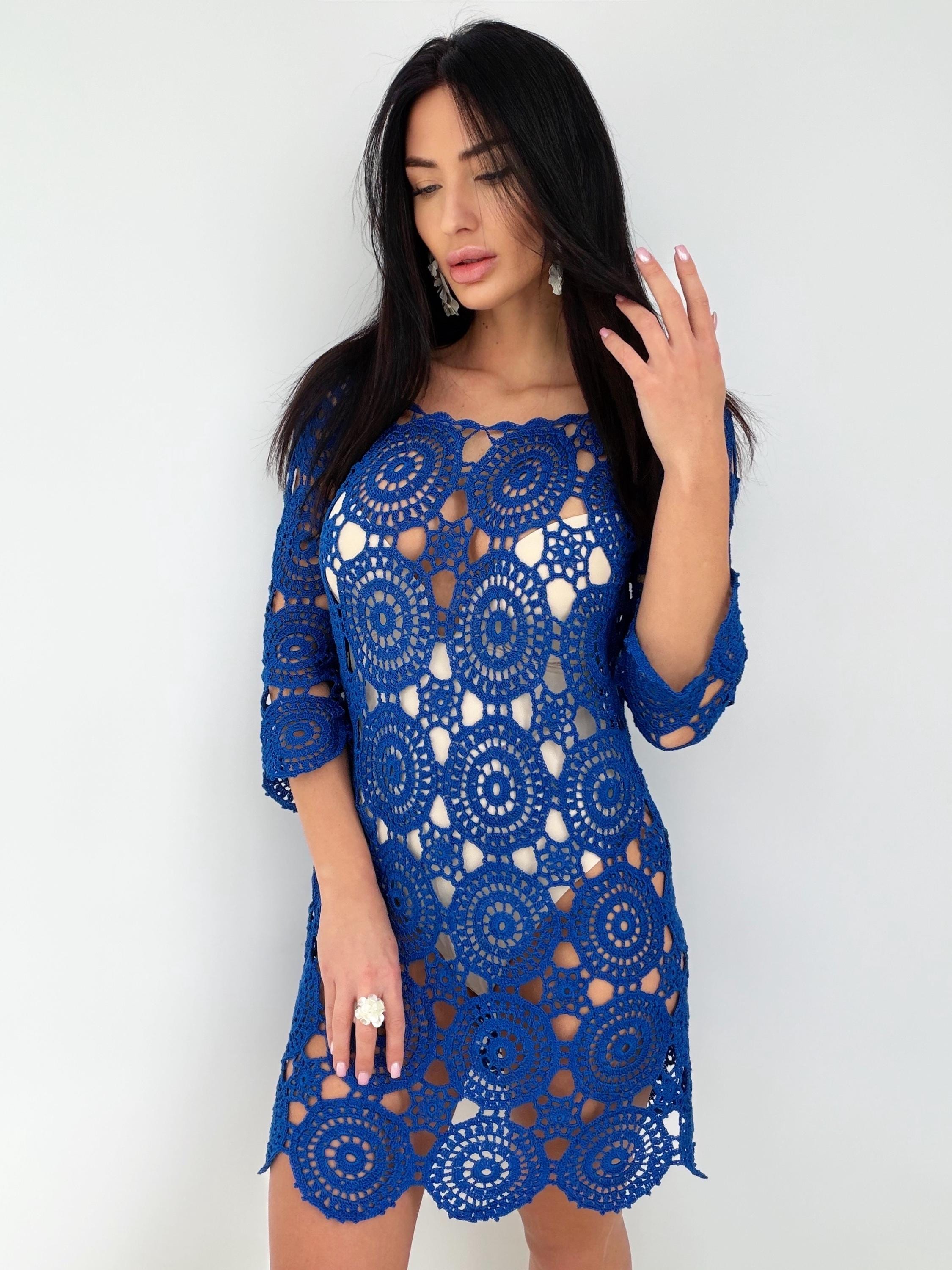 Royal Blue Crochet Dress, Handmade cover-up Openwork Mini Dress, Backless Boho Beach Cover Up, Cotton Lace Tunic, Festival Summer Dress