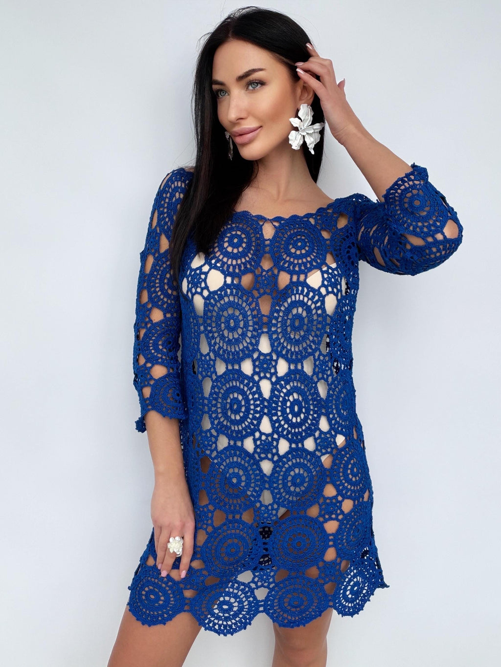 Royal Blue Crochet Dress, Handmade cover-up Openwork Mini Dress, Backless Boho Beach Cover Up, Cotton Lace Tunic, Festival Summer Dress
